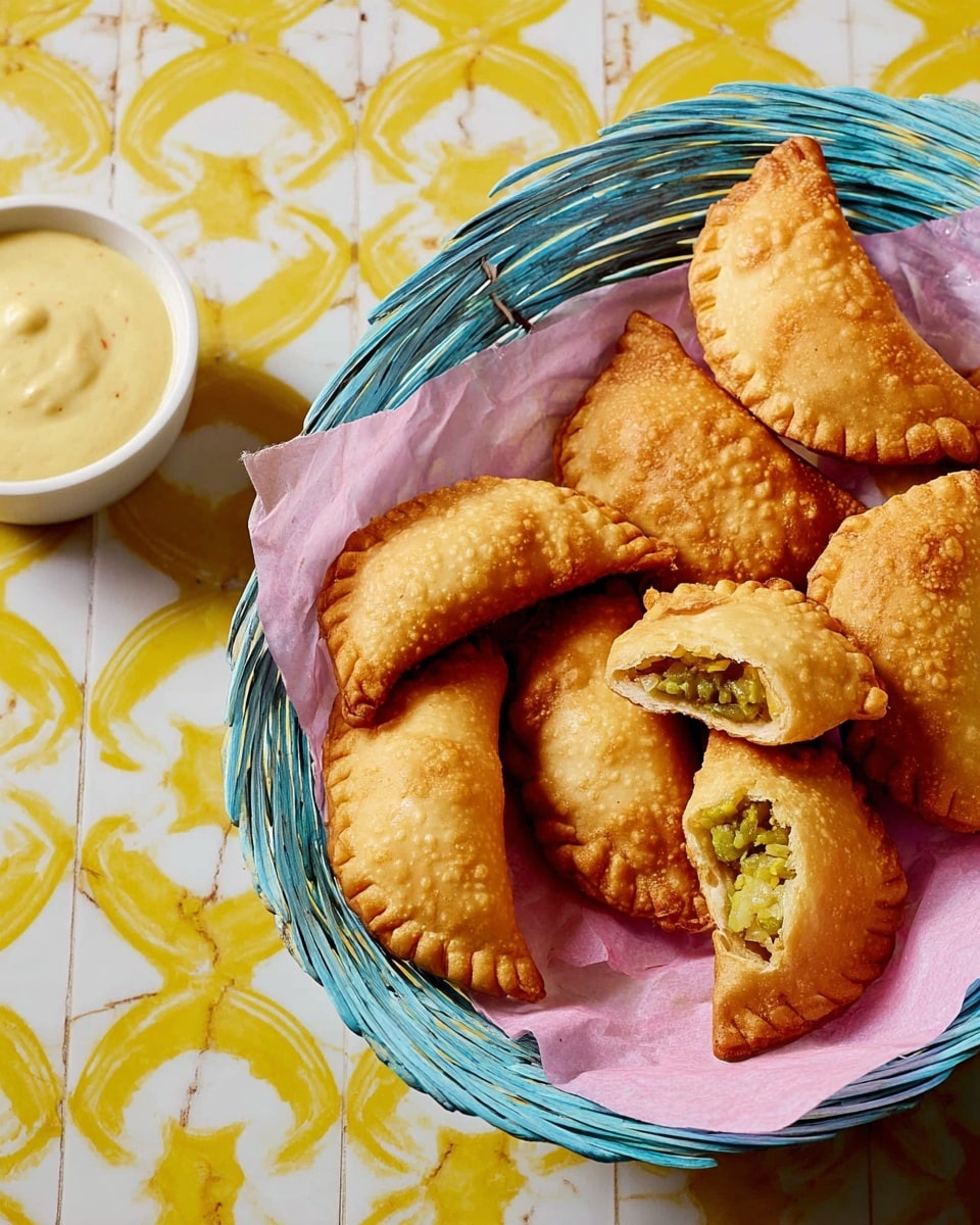 A light blue woven basket lined with pink paper holds nine golden brown fried pastries shaped like semi-circles with crimped edges, showing a crisp and bubbly texture. Two pastries are broken open, revealing a bright green inside filled with what looks like a vegetable mix. To the top left of the basket, a white bowl contains a pale yellow creamy sauce. The background features a yellow pattern on a white marbled texture. photo taken with an iphone --ar 4:5 --v 7