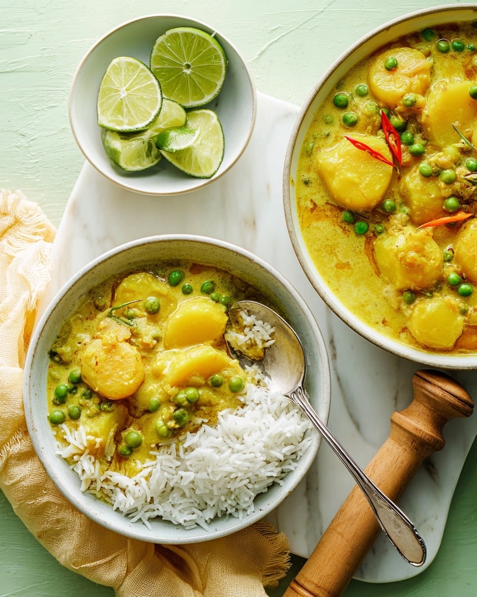 The image shows a white bowl filled with a mix of white rice and a yellow curry with round potato slices and green peas, the curry covering half of the rice with a creamy texture. A silver spoon rests inside the bowl, scooping the potatoes and peas. Next to it is a larger white bowl filled with the same yellow curry with potato slices, peas, and whole red chili peppers. There is also a small white bowl with lime wedges and two loose lime wedges on the white marbled surface. A light yellow cloth napkin with a wooden rolling pin sits near the bowls. The background is a soft green tone. Photo taken with an iphone --ar 4:5 --v 7