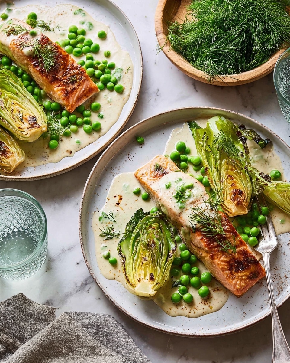 Two white plates each have a meal with three main layers. The bottom layer is a light creamy sauce spread unevenly on the plate. On top of the sauce, there are bright green cooked peas scattered around. Next to the peas are pieces of grilled romaine lettuce with charred edges and a mix of green shades. On one side of the plate lies a cooked salmon fillet with a golden-brown crust on top and a pink inside. Small sprigs of fresh green dill are sprinkled on the salmon, peas, and sauce. A woman's hand holds a fork near the top plate. They are all placed on a white marbled surface with a wooden cup of fresh dill and a textured glass of water nearby. photo taken with an iphone --ar 4:5 --v 7