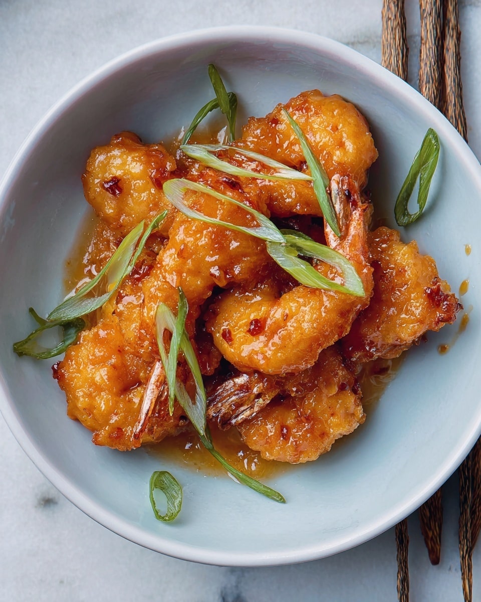 A white bowl sits in the center of a larger white bowl on a white marbled surface. Inside the smaller bowl, there are several golden-brown pieces of fried shrimp coated with a shiny orange sauce that looks sticky and thick. The shrimp pieces are layered unevenly, showing crunchy texture with some darker crispy edges. Scattered on top are thin slices of fresh green onions, adding a bright green color contrast to the dish. Beside the bowls, wooden skewers lie on the surface, angled diagonally. The photo is taken with an iphone --ar 4:5 --v 7