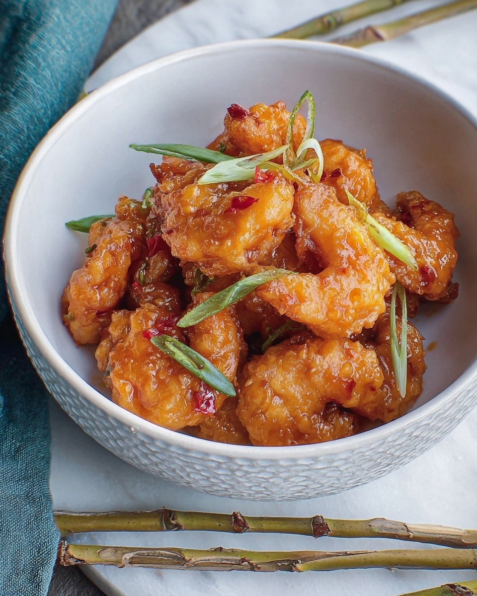 The image shows a white bowl filled with golden-brown fried shrimp coated in a shiny, sticky orange sauce. The shrimp are placed in a cozy pile and are garnished with thin slices of fresh green onions scattered on top. Tiny red pepper bits add small pops of color on the shrimp. The white bowl has a delicate textured pattern and sits inside a larger white bowl with a smooth surface. The bowls rest on a white marbled texture background, with some bamboo sticks lying nearby. The photo was taken with an iphone --ar 4:5 --v 7