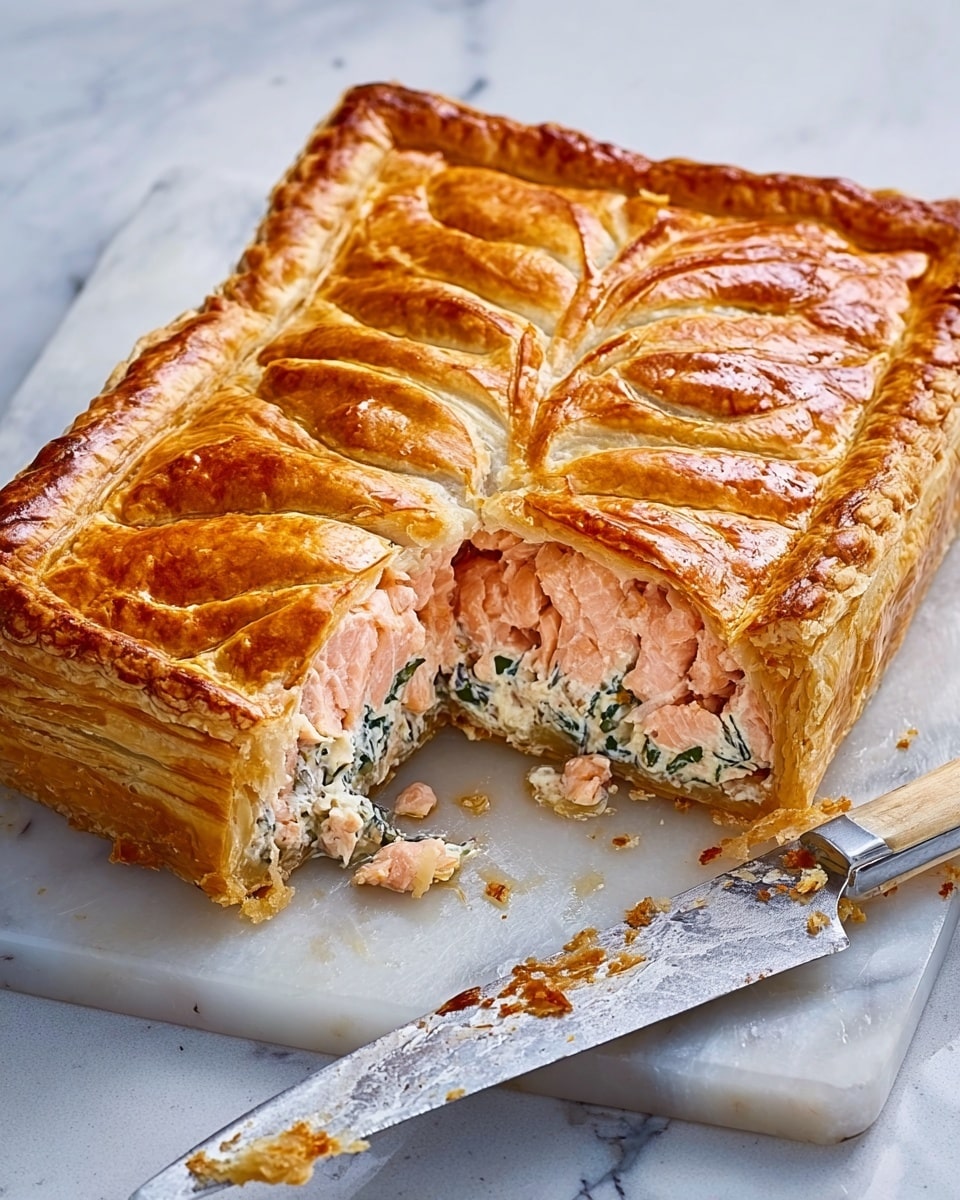 The image shows a square golden-brown pie with a shiny, slightly glossy crust featuring a scalloped pattern on top. One corner is cut out to reveal layers inside: the top layer is light pink cooked salmon, underneath is a creamy white layer mixed with green herbs, and the crust at the bottom is thick and flaky. The pie sits on a clear rectangular cutting board on a white marbled surface, with a large knife placed diagonally above it showing some pie crumbs on the blade. Photo taken with an iphone --ar 4:5 --v 7