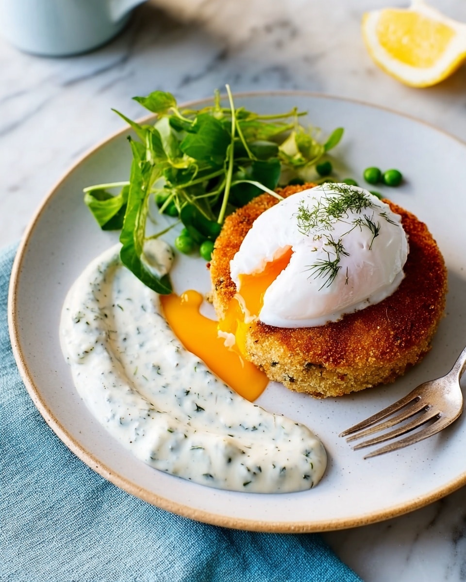 A white plate holds a golden brown, crispy round patty as the base layer. On top of this, there is a smooth, white poached egg with a slightly broken edge revealing a bit of orange yolk spilling out. To the side of the patty, there is a creamy white sauce with green herbs mixed in, spread in a thick curved shape. On the upper left part of the plate, there is a small bunch of green pea shoots and a yellow lemon wedge. The plate is set on a white marbled surface with a light blue cloth nearby. Photo taken with an iphone --ar 4:5 --v 7