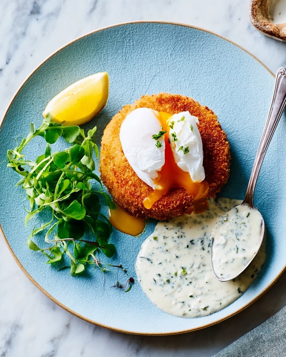 A light blue plate on a white marbled surface holds a crispy golden brown fried patty as the bottom layer. On top of the patty is a smooth white poached egg with a small break revealing bright orange yolk running down the side. To the left of the patty, there is a small bunch of fresh green watercress and a pale yellow lemon wedge. On the right side of the plate, there is a large spoonful of creamy white sauce with small bits of green herbs mixed in. Photo taken with an iphone --ar 4:5 --v 7