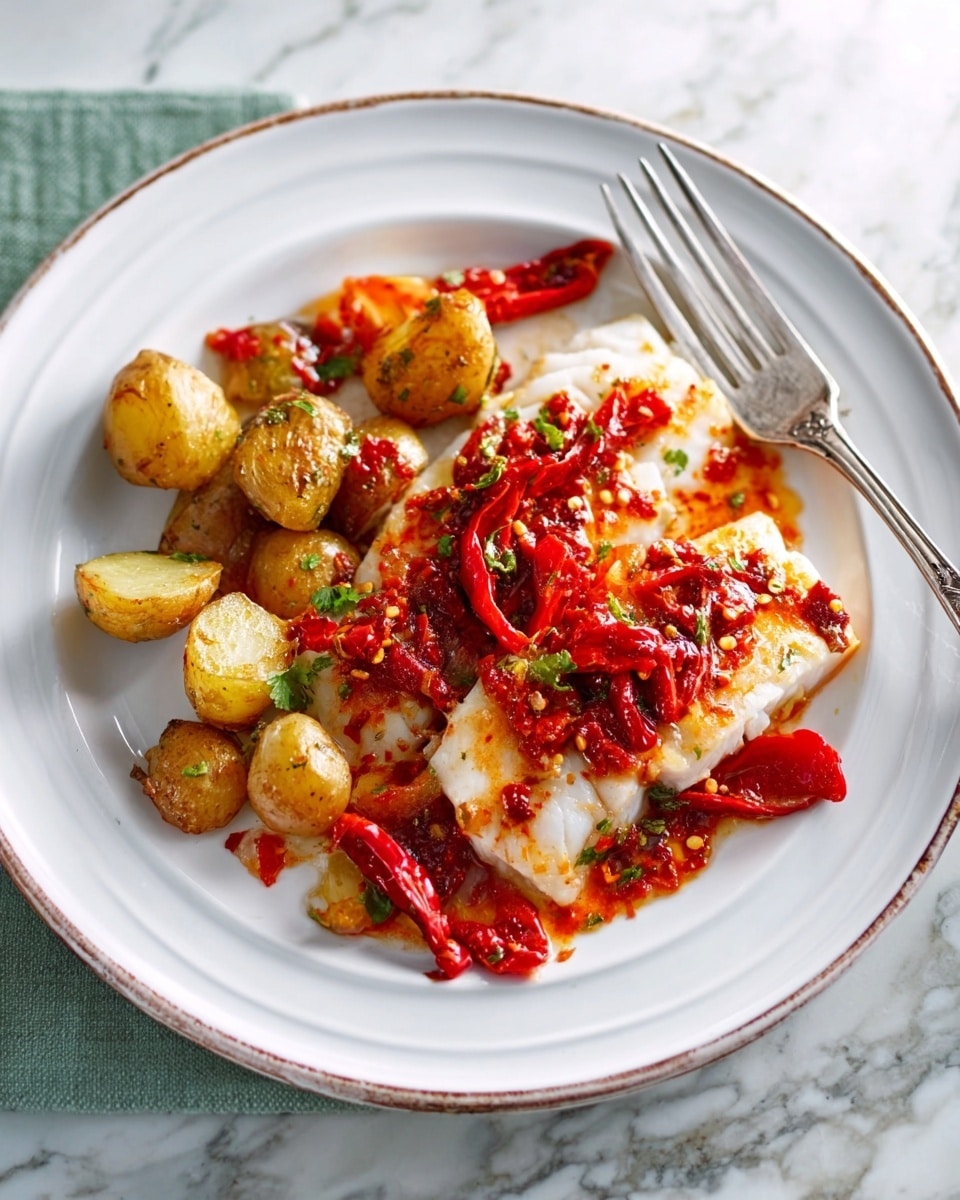 A white plate holds a dish with two white fish fillets covered in a bright red chili sauce. Around the fish, there are small golden roasted potatoes mixed with roasted red peppers. A silver fork rests on the right side of the plate. The plate is set on a white marbled surface. photo taken with an iphone --ar 4:5 --v 7