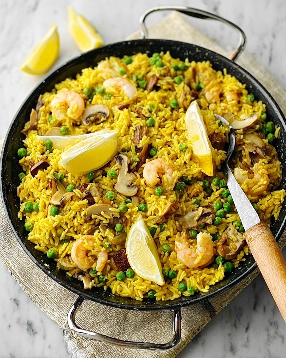 A round metal pan with two handles holds a yellow rice dish mixed with green peas, brown sausage slices, mushrooms, and pink shrimp. On the right side, there are two lemon wedges resting on top of the rice. A large spoon with a wooden handle is placed on the left side of the pan, partially buried in the rice. The pan sits on a mustard-colored cloth on a white marbled surface with a white tile background. photo taken with an iphone --ar 4:5 --v 7
