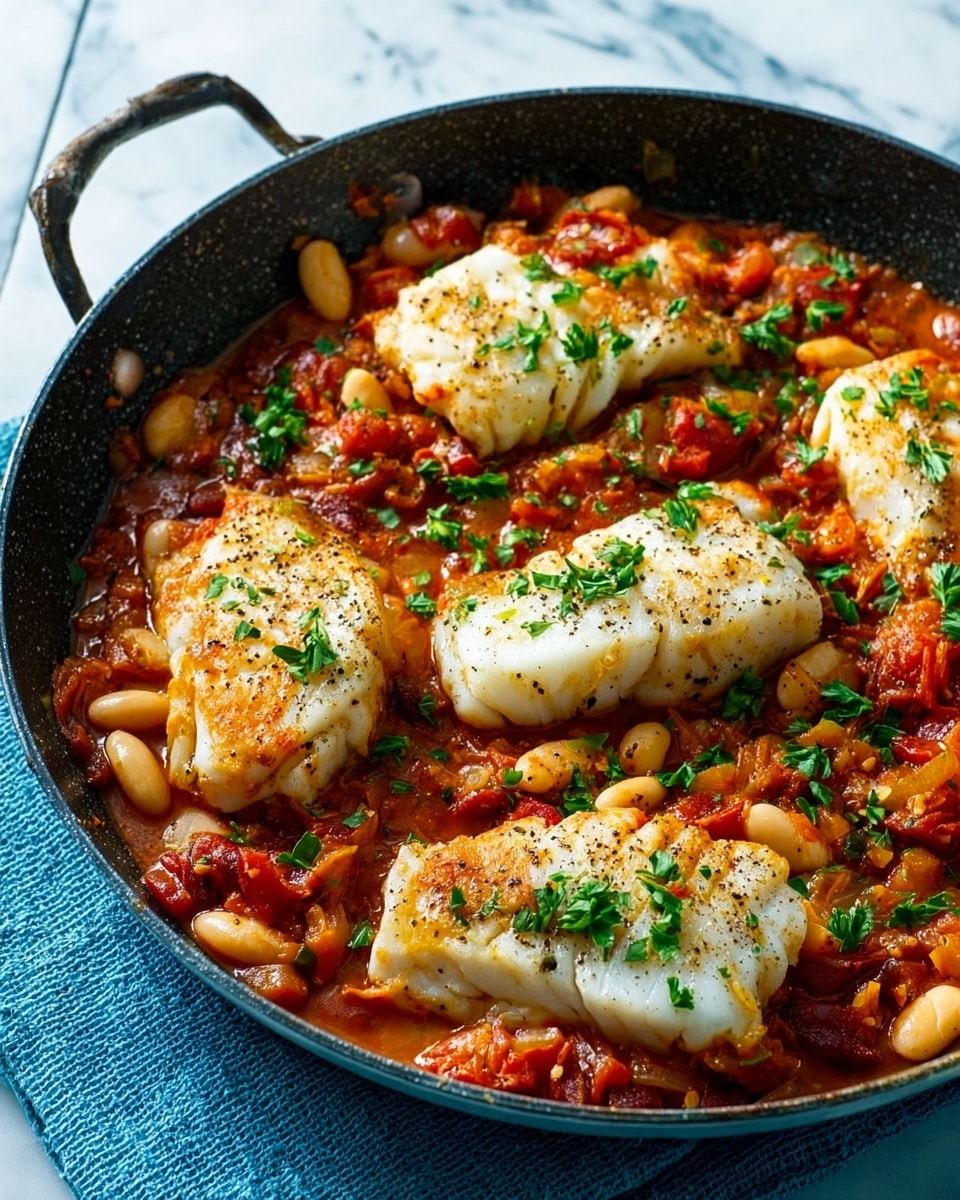 A black frying pan filled with a rich tomato sauce base that is chunky with pieces of tomato, white beans, and small bits of cooked meat or vegetables spread evenly throughout. On top of the sauce, there are four large, white fish fillets, placed separately with a slight golden brown sear on the sides. The dish is sprinkled with fresh green chopped herbs like parsley across the whole pan. The pan rests on a dark blue cloth set on a surface with a white marbled texture. In the corner, a white plate with some white beans is partially visible. photo taken with an iphone --ar 4:5 --v 7