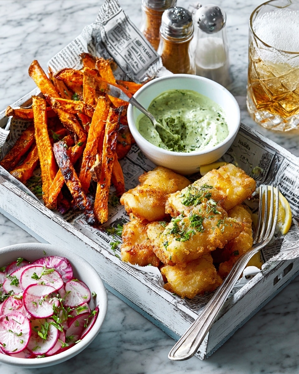 The image shows a white rectangular tray lined with newspaper print paper holding golden, crispy battered fish pieces on one side with light green garnish sprinkled on top, and bright orange sweet potato fries with a slightly charred texture on the other side, also garnished with herbs. Two metal forks rest on the edge of the tray. Nearby, there is a small white bowl filled with a creamy green herb sauce that has a smooth, thick texture. In the bottom foreground, there is a white bowl containing thinly sliced radishes with a few green herbs sprinkled on top. The background is a white marbled texture with a clear glass filled with a light brown drink and a small oil bottle and salt shaker placed near the tray. photo taken with an iphone --ar 4:5 --v 7