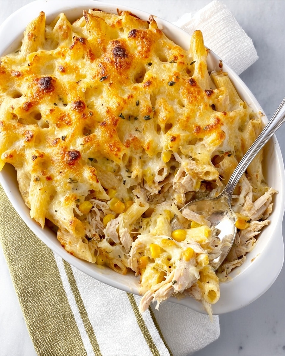 The image shows a white oval baking dish filled with baked pasta topped with melted, golden-brown cheese. The top layer is bubbly and slightly crispy with browned spots. Underneath, there are tubular pasta pieces mixed with light-colored shredded chicken and bits of yellow corn. The dish rests on a white marbled surface with a folded cloth napkin in beige and green stripes nearby. On the right side, there is a silver spoon with some baked pasta and cheese on it. photo taken with an iphone --ar 4:5 --v 7