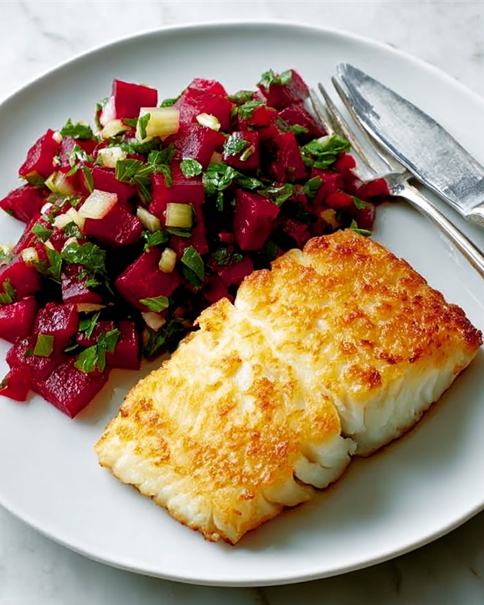 A white plate with a golden-brown piece of cooked fish fillet on the right, showing a slightly crispy, shiny texture on top and soft flaky layers underneath. On the left side of the plate, there is a colorful beet salad made of small, bright red beet cubes mixed with green herbs and tiny white and light green chopped pieces, creating a fresh and vibrant contrast. A silver fork and knife rest at the top right corner of the plate. The plate is set on a white marbled surface. Photo taken with an iphone --ar 4:5 --v 7