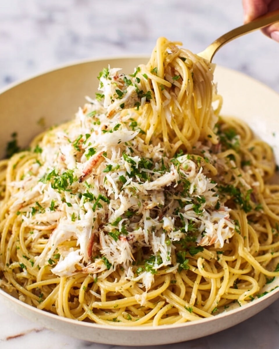 A bowl filled with long spaghetti noodles forms the base layer, golden-yellow in color and slightly shiny. On top of the noodles is a generous heap of white shredded crab meat mixed with small green herb pieces, giving a fresh look. Around the edges, some finely chopped green herbs are scattered. A woman's hand holding a gold fork is lifting some noodles mixed with crab from the bowl. The bowl is white and sits on a white marbled surface. Photo taken with an iphone --ar 4:5 --v 7