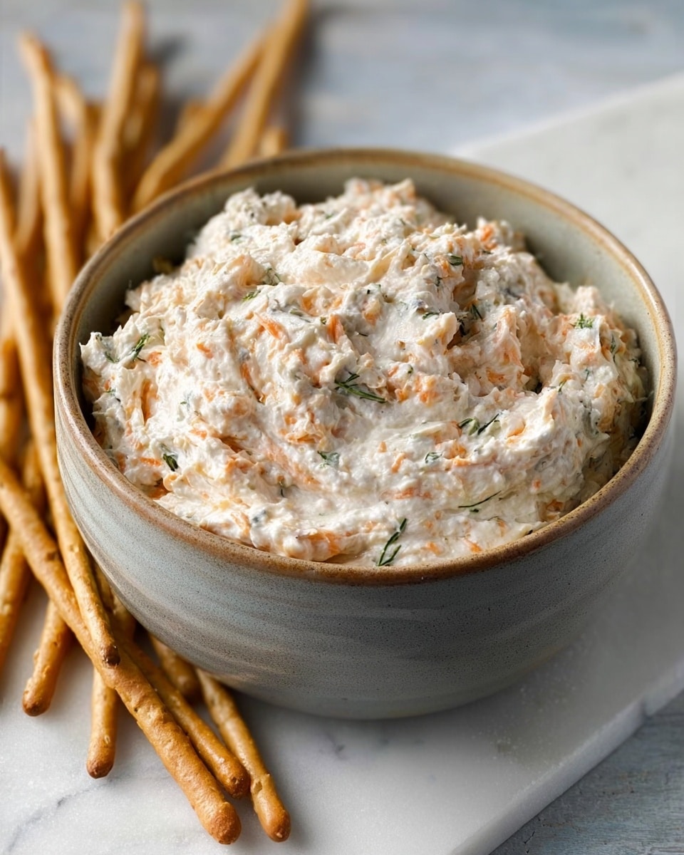 A grey ceramic bowl filled with a creamy, chunky dip that is mostly white with bits of orange and green herbs mixed through, showing a soft and slightly rough texture. The bowl is placed on a white marbled surface, and there are many thin, light-colored breadsticks leaning against the bowl on the left side. The lighting is natural, highlighting the smooth ceramic and the thick texture of the dip. photo taken with an iphone --ar 4:5 --v 7