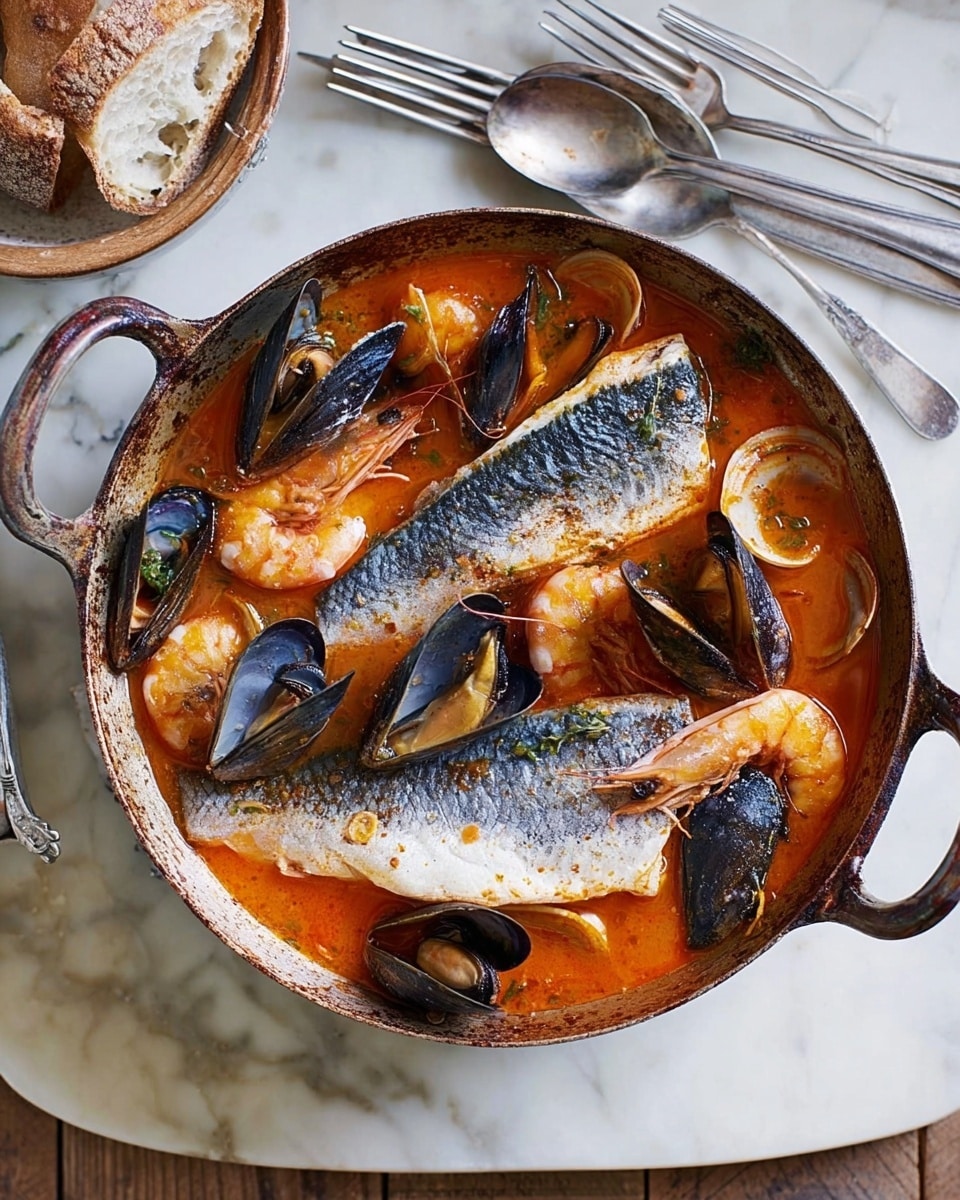 A rustic white enamel pan with two brown handles holds a seafood stew on a white marbled textured surface. The stew has a rich orange-red broth filled with two whole silver-gray fish placed side by side in the center. Surrounding the fish are several black mussels, pale pink shrimp, and golden squid rings scattered throughout the broth. To the left of the pan, pieces of crusty white bread rest casually. Silver forks and spoons are placed near the bread on the marbled surface. The whole scene is viewed from above, showing the colors and textures clearly. Photo taken with an iphone --ar 4:5 --v 7