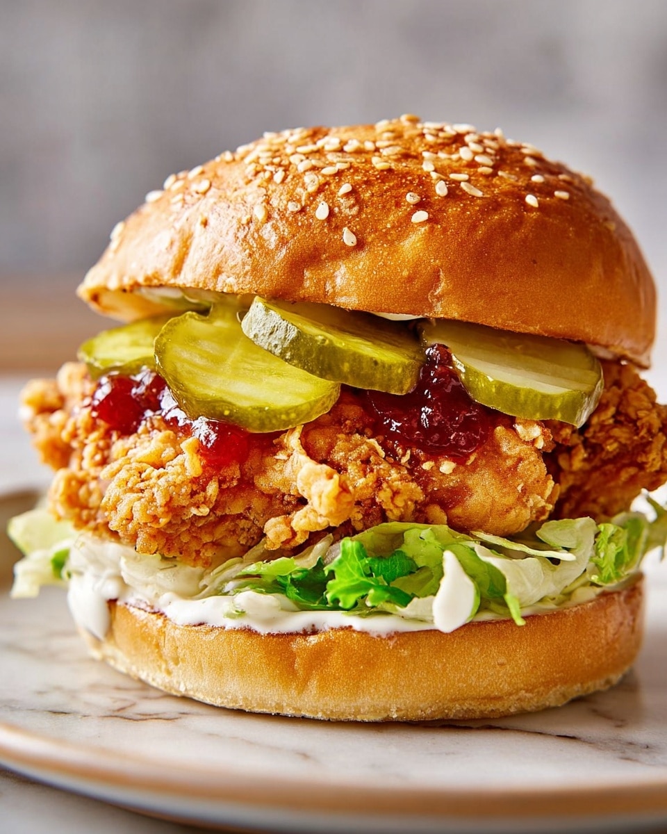 A close-up image of a crispy fried chicken sandwich on a white sesame seed bun with three clear layers: at the bottom, fresh green lettuce with white sauce spread on the bun, in the middle, a thick piece of golden-brown crispy fried chicken, and at the top, several slices of bright green pickles topped with red jelly. The sandwich sits on a white plate with a white marbled texture background. photo taken with an iphone --ar 4:5 --v 7