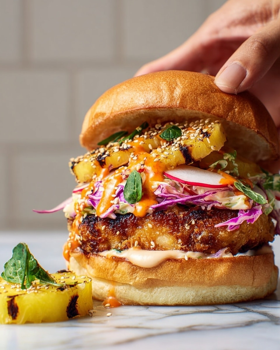 A toasted golden brown bun is lifted by a woman's hand, revealing a sandwich with three main layers. The bottom layer is a light, round sandwich bun. On top of this is a mix of thinly sliced purple cabbage and radishes, lightly coated with a white creamy sauce. Above this is a thick, crispy golden fried patty sprinkled with sesame seeds and drizzled with a bright orange sauce. The top layer consists of grilled pineapple chunks with slight charring and fresh green herbs, adding a vibrant touch. A small piece of pineapple with herbs sits next to the sandwich on a white marbled surface. The photo taken with an iphone --ar 4:5 --v 7