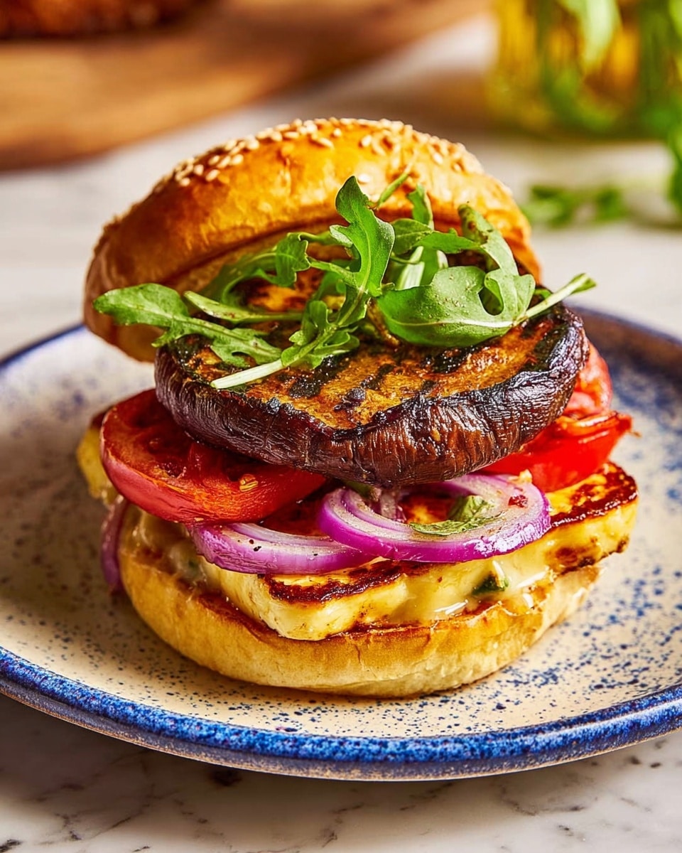A close-up of a grilled burger sits on a white plate with blue speckles, placed on a white marbled surface. The burger has five visible layers: the bottom layer is a lightly toasted bun with a spread of melted cheese; above that is a thick, golden-brown grilled halloumi cheese slice; next are several caramelized purple onion rings; then a bright red slice of grilled tomato; and the top layer is a large, juicy grilled portobello mushroom cap garnished with a few fresh green arugula leaves. The top sesame bun is set slightly to the side on the plate, adding a pop of golden color. Photo taken with an iphone --ar 4:5 --v 7