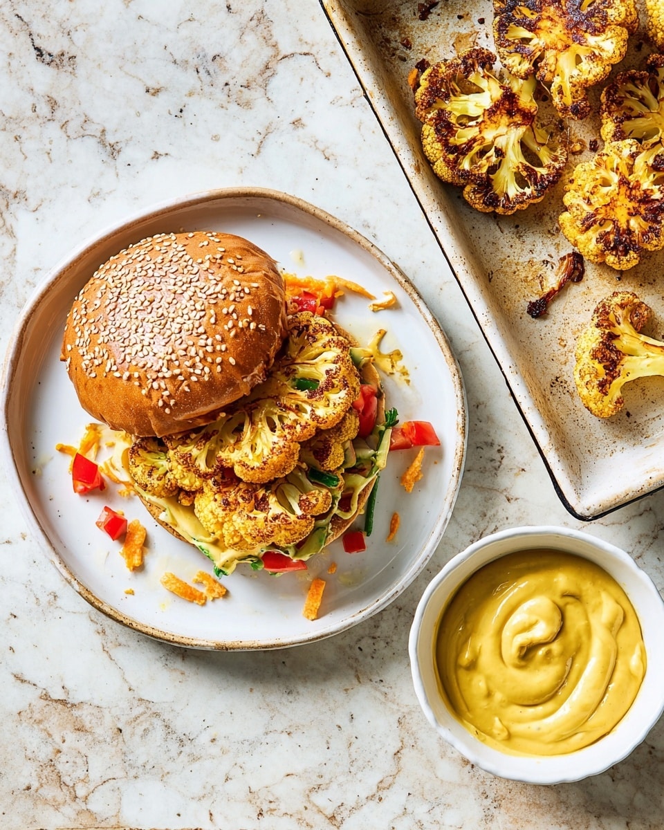 A white plate holds an open sandwich with three layers: a golden-brown sesame seed bun on top, bright roasted cauliflower slices with a slightly charred orange-brown texture in the middle, and beneath the cauliflower is a layer decorated with small pieces of red tomato, green herbs, and crunchy orange snack sticks scattered around. To the right side of the plate is a small white bowl filled with smooth, creamy yellow mustard sauce with a soft swirl on top. Next to the plate is a white roasting pan with extra roasted cauliflower slices showing a rich brown and yellow color, sitting on a white marbled texture surface. photo taken with an iphone --ar 4:5 --v 7