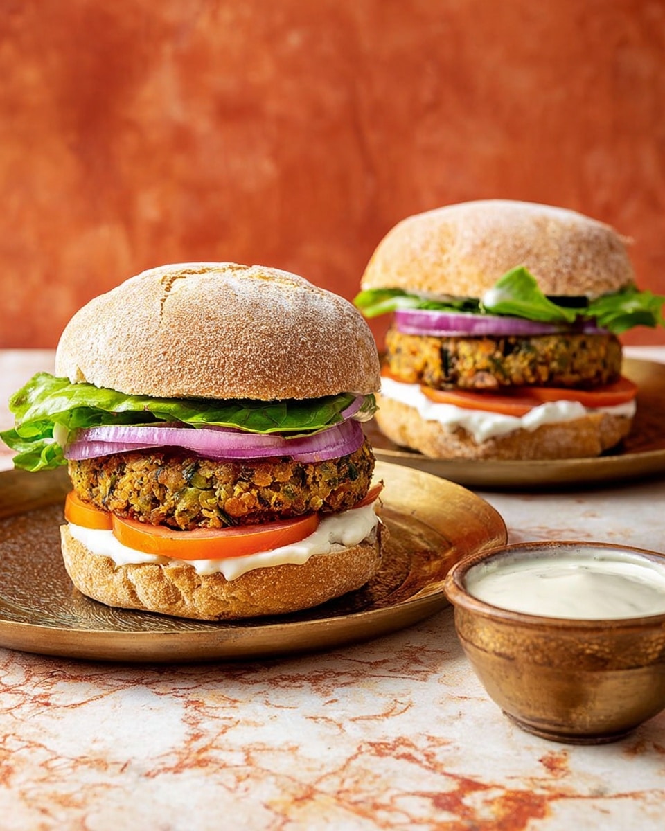 Two sandwiches are placed on round bronze trays on a white marbled surface. Each sandwich has a top layer of a soft, lightly flour-dusted brown bun. Beneath the top bun, there are thin slices of purple onion, followed by a green leaf of lettuce. Below the lettuce lies a thick, textured veggie patty showing hints of green and orange. Under the patty, there is a slice of bright red tomato, and the base layer is a thick spread of white sauce on the bottom half of the bun. To the right of the sandwiches, there is a small brown bowl filled with creamy white sauce. The background is a warm, textured reddish-brown wall. Photo taken with an iphone --ar 4:5 --v 7