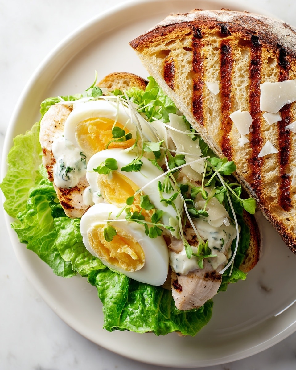 A close-up top view of an open grilled chicken sandwich on a white plate, placed on a white marbled surface. The sandwich has five layers: the bottom layer is a piece of grilled bread toasted to golden brown with some char marks, followed by fresh green lettuce leaves that add a crisp texture. Above the lettuce, there are thick slices of hard-boiled egg showing bright yellow yolks and white edges. Next is the grilled chicken breast, lightly browned and topped with a smooth white sauce. The final layer includes small green microgreens scattered on the chicken and a few thin shavings of white cheese. The other half of the toasted bun with grill marks rests nearby on the plate. Photo taken with an iphone --ar 4:5 --v 7
