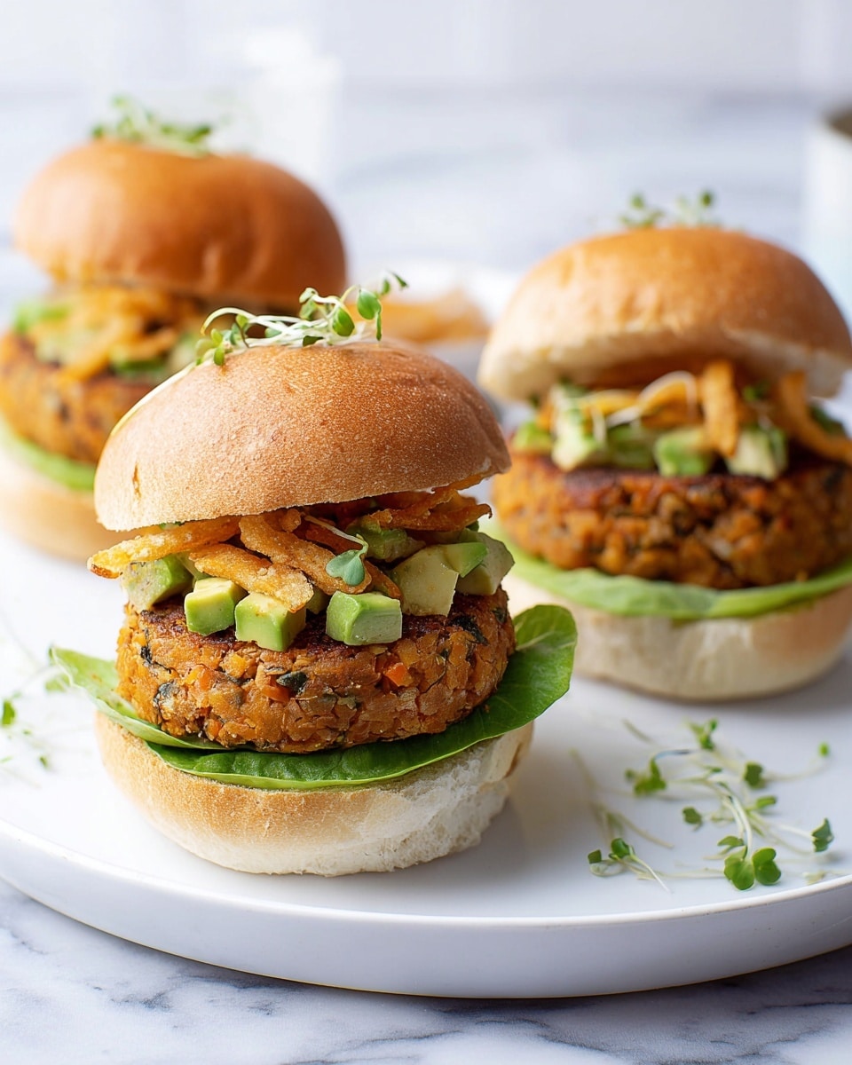 The image shows three small burgers on a white plate and a white tray with a white marbled background. Each burger has four layers: at the bottom is a light beige round bun base, followed by a fresh green lettuce leaf, then a thick, textured orange-brown veggie patty with visible herbs and small bits, topped with diced light green avocado and a few curly, crispy golden chips, garnished with small green sprouts. The top of the bun is soft, golden brown, and placed slightly backward on the front burger, revealing the layers inside clearly. Photo taken with an iphone --ar 4:5 --v 7