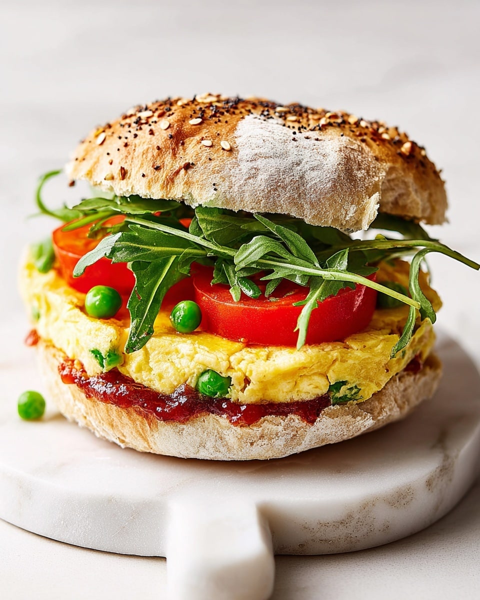 A sandwich on a white, round plate with a handle, set on a white marbled background, shows a lightly toasted, seeded bun with a top layer tilted to the side. The bottom bun layer holds a dark red sauce spread, followed by two bright red tomato slices. Above the tomatoes rests a thick, pale yellow omelette layer filled with green peas evenly spread through the inside. On top of the omelette, there is fresh green arugula adding a leafy texture and color contrast. The bun top has a golden brown color with scattered seeds and is slightly cracked, adding a rustic look. Photo taken with an iphone --ar 4:5 --v 7