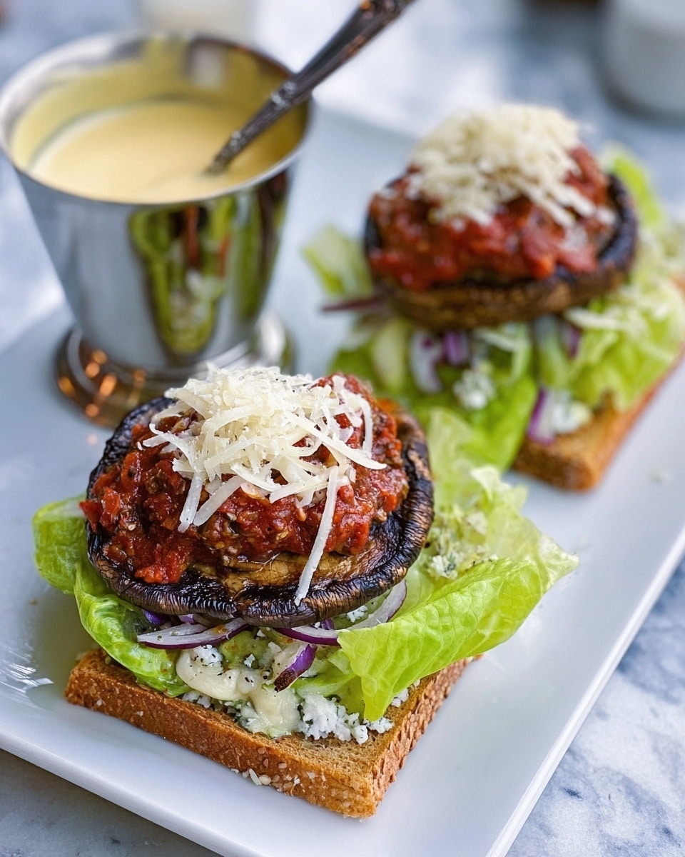 The image shows two open-faced mushroom burgers on a white plate, each layered with a crisp green lettuce leaf at the bottom on a square toast. On top of the lettuce is a large grilled portobello mushroom cap, dark brown with a slightly charred texture. The mushroom is topped with a chunky red tomato sauce and finished with a generous pile of shredded white cheese. Next to the burgers is a small silver cup filled with a pale yellow sauce and a spoon inside it. The whole scene is set on a white marbled surface. Photo taken with an iphone --ar 4:5 --v 7