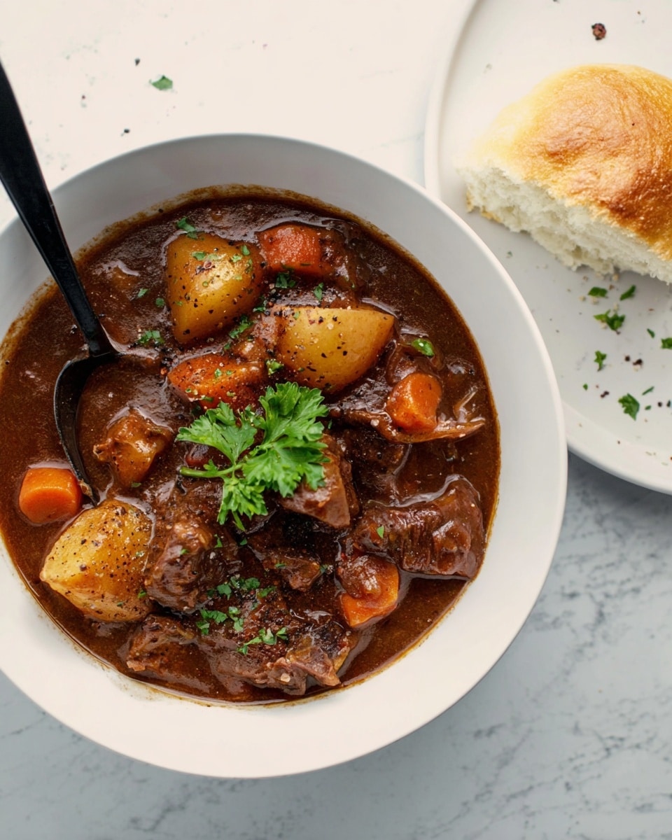 A bowl filled with thick dark brown stew containing visible chunks of soft potatoes, orange carrot pieces, and tender meat, all covered in rich sauce with specks of black pepper on top, garnished with a sprig of fresh green parsley at the center; a black spoon is resting inside the bowl slightly submerged in the stew. Next to the bowl is a white plate with a piece of bread that has a golden-brown top and white inside, resting on a white marbled surface. photo taken with an iphone --ar 4:5 --v 7