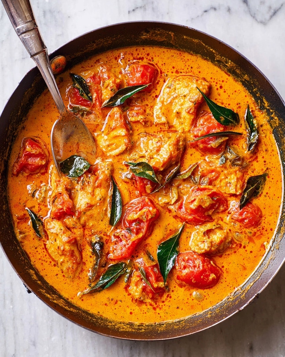 A round dark pan filled with a rich orange curry sauce that has pieces of red tomato chunks scattered throughout, along with bright green curry leaves resting on the surface. Within the sauce, there are visible chunks of lighter orange fish or chicken pieces showing a slight texture from cooking. The sauce has a creamy texture with some small seeds or spices distributed within it. The pan is placed on a white marbled surface, and a silver spoon with a long handle is partially dipped into the dish on the left side. photo taken with an iphone --ar 4:5 --v 7
