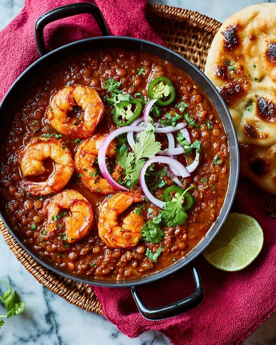 A black pot filled with a thick red-brown lentil stew forms the base layer, dotted with five large orange shrimp arranged in a loose circle on top. Thin purple onion slices, small green chili rounds, and fresh green cilantro leaves are scattered over the shrimp, adding pops of color and freshness. To the right of the pot, a piece of seasoned, golden-baked flatbread rests on a white marbled surface next to a red cloth napkin underneath the pot with a woven mat beneath. A wedge of lime sits just below the pot on the white marbled surface. Photo taken with an iphone --ar 4:5 --v 7