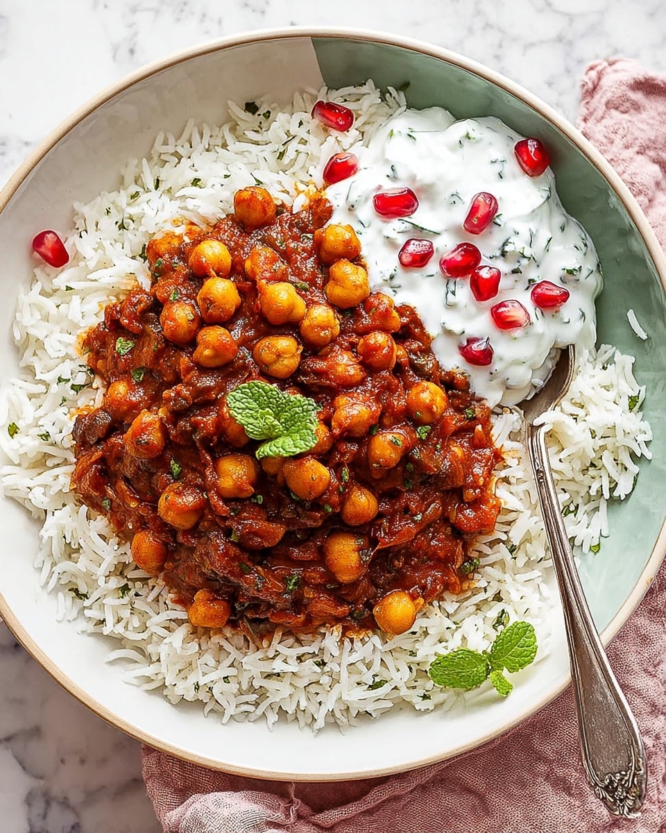 A white bowl filled with a base layer of light, fluffy white rice. On top of the rice is a thick layer of cooked chickpeas in a rich reddish-brown sauce with visible pieces of herbs and spices, giving the dish a hearty texture. Resting on one side is a dollop of creamy white yogurt mixed with small green herb pieces, garnished with small red pomegranate seeds and a fresh mint leaf. A silver spoon is placed inside the bowl, and the bowl sits on a white marbled texture surface. photo taken with an iphone --ar 4:5 --v 7