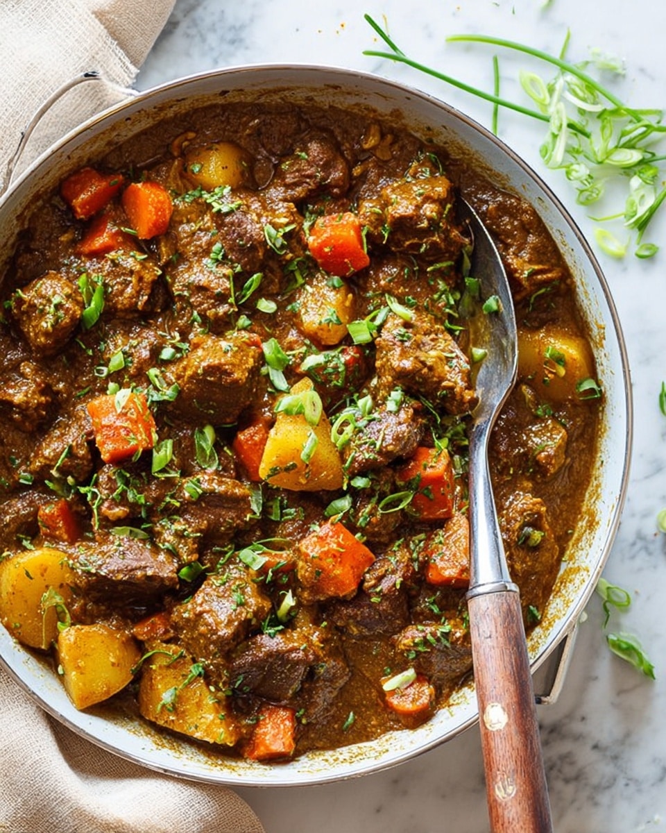A close-up view of a large round white metal pan filled with thick stew containing dark brown chunks of meat, orange carrot pieces, and yellow potato cubes in a rich brown sauce. The stew is topped with chopped green onions and herbs, adding small touches of bright green. A large metal spoon with a wooden handle is partially inside the pan, resting on the stew. The pan sits on a white marbled surface with a beige cloth partially visible and some scattered green onions around. Photo taken with an iphone --ar 4:5 --v 7