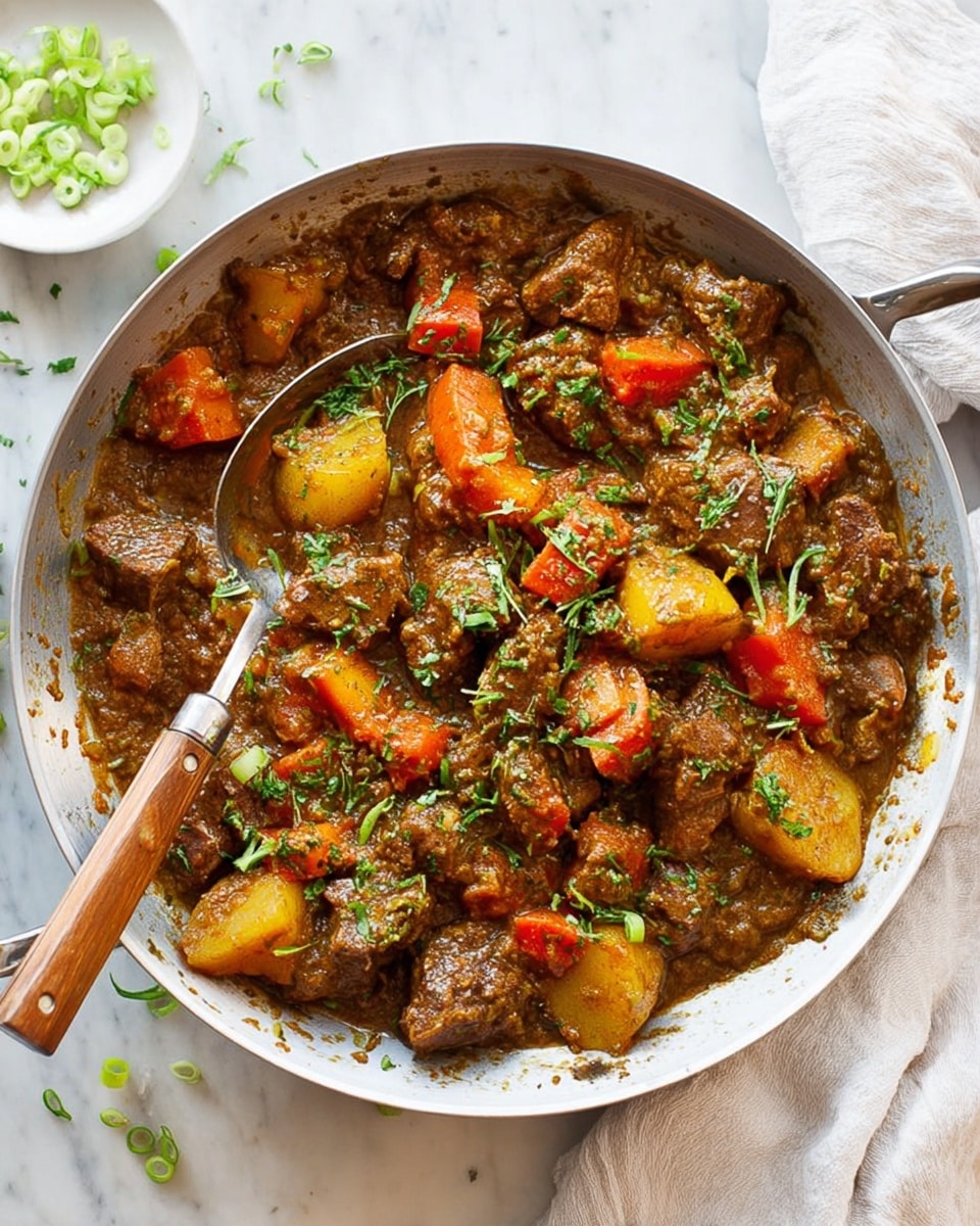 A round white metal pan filled with a thick stew made of chunks of brown meat, orange carrots, and yellow potatoes in a brown sauce, all topped with chopped green onions and herbs. A large metal spoon with a wooden handle rests inside the pan, partly buried in the stew. The pan is placed on a white marbled surface with a white cloth nearby and some scattered green onion pieces around. photo taken with an iphone --ar 4:5 --v 7
