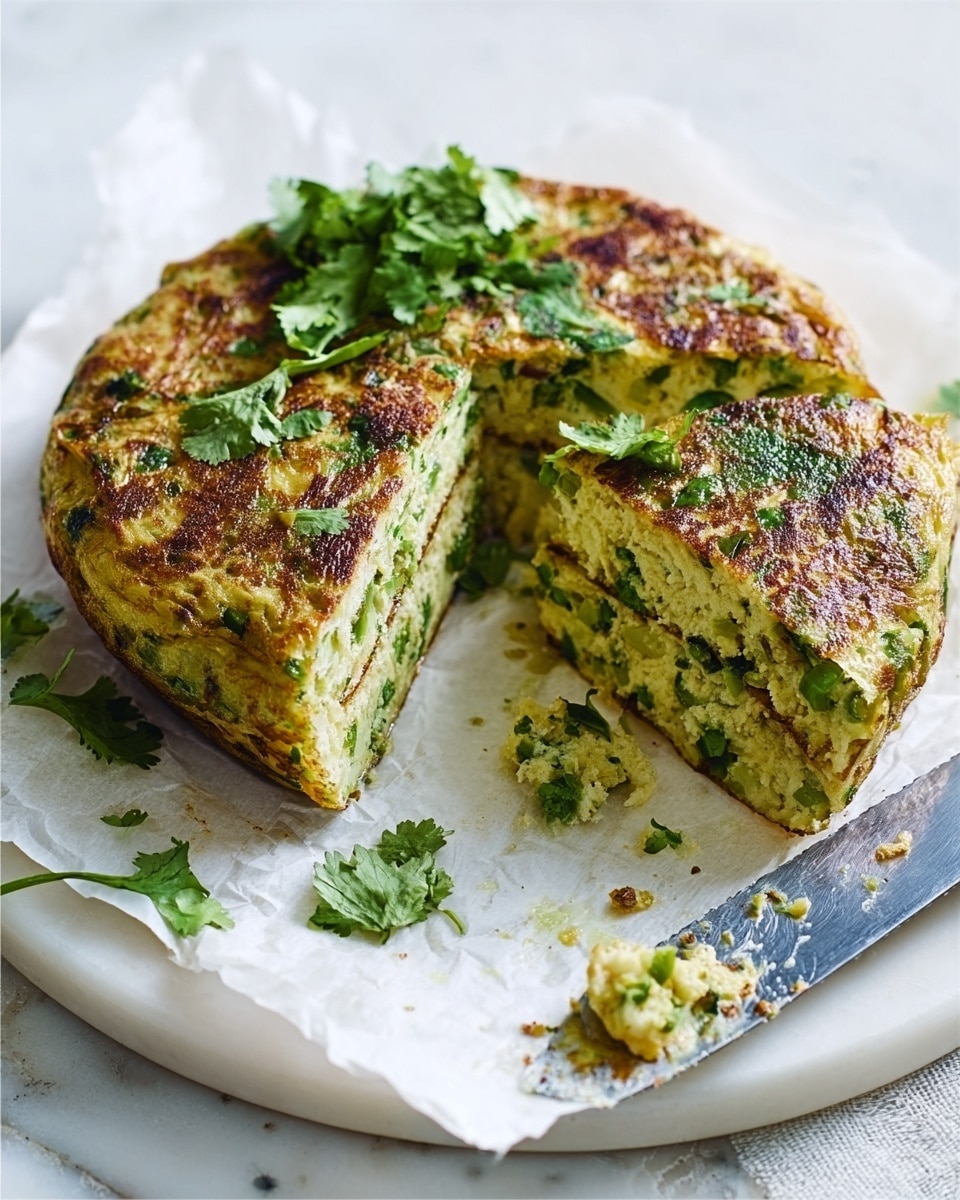 A round, thick omelette is cut into three parts stacked slightly on a white plate lined with white parchment paper. The omelette has a golden-brown crispy outer layer with visible green bits inside, likely herbs and small vegetable pieces. The inside layers show a soft, moist texture with shades of light green and cream, with fresh green cilantro leaves scattered on top and around it. Next to the plate is a knife with some omelette stuck on the blade, all placed on a white marbled surface. Photo taken with an iphone --ar 4:5 --v 7