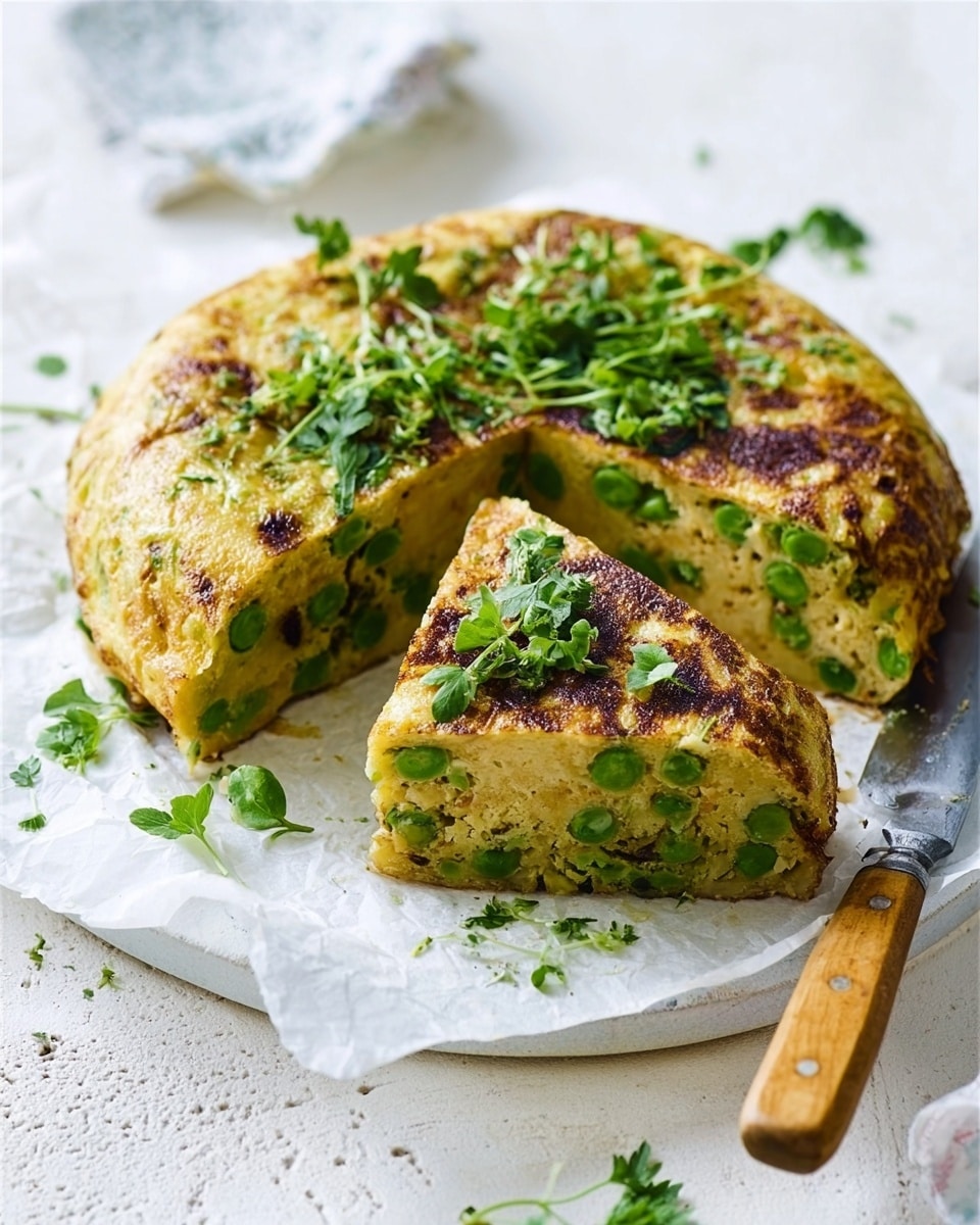 A round, thick Spanish omelette cut into three pieces sits on white parchment paper on a white plate, revealing layers inside made of golden brown cooked egg mixed with green peas and light green herbs. The top layer is browned and slightly crispy, with scattered fresh green herb leaves on top and around the plate. A knife with a wooden handle rests on the plate beside the omelette. The background is a white marbled texture with soft natural light, creating a clean and fresh look. Photo taken with an iphone --ar 4:5 --v 7