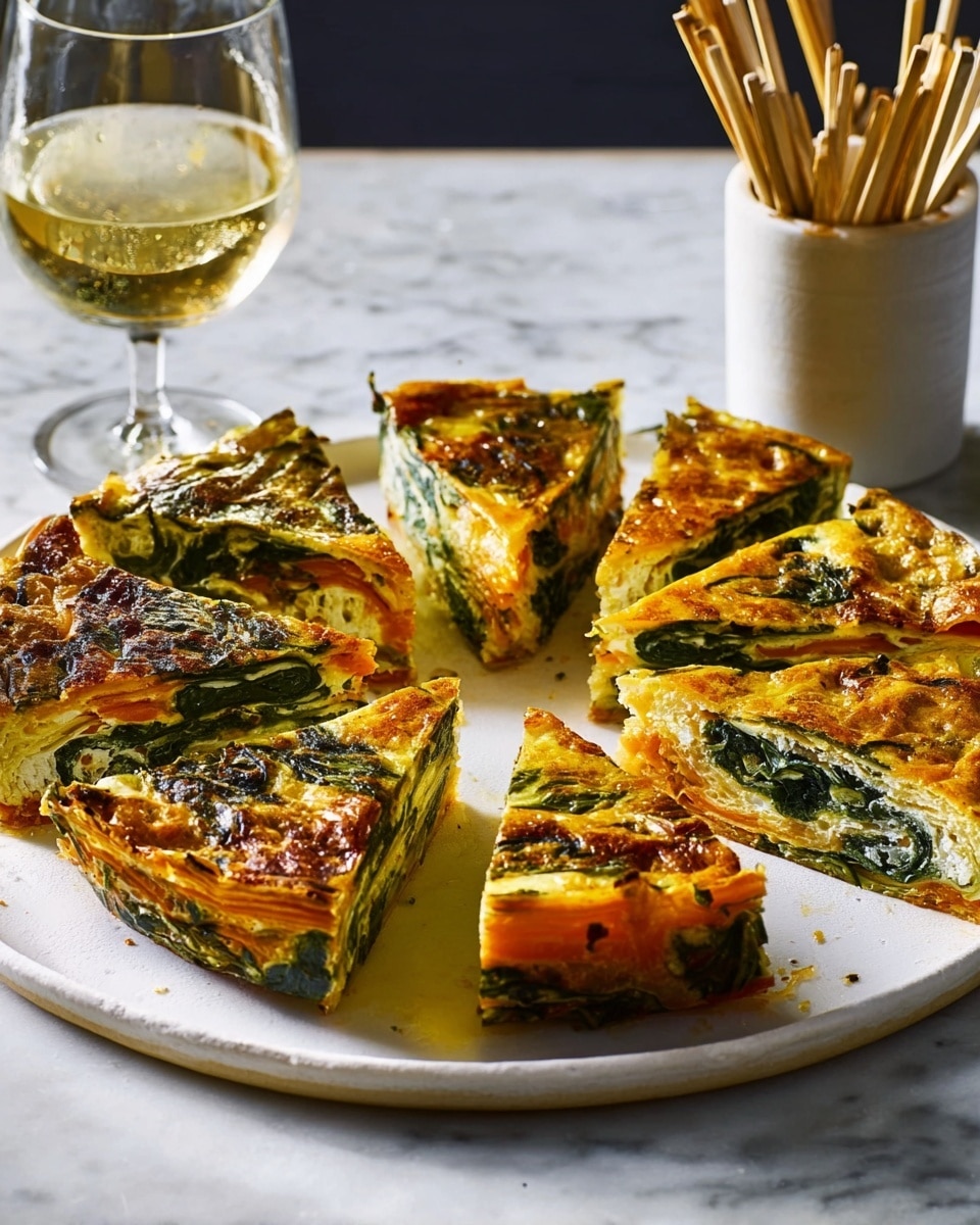 A white plate holds a round, sliced dish made of many layers arranged like a pie. Each slice shows layers of bright orange and green leafy vegetables mixed with a golden yellow egg-like texture. The top layer is slightly browned with a crispy look. The slices are evenly spaced around the plate, showing the layers inside clearly. Next to the plate is a glass filled with a clear liquid, and in the foreground are wooden cocktail sticks in a white container on a white marbled surface. photo taken with an iphone --ar 4:5 --v 7
