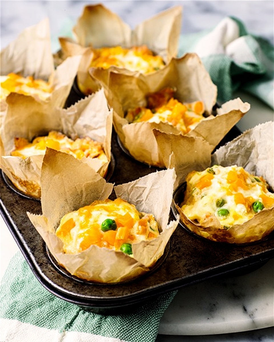 The image shows five small muffin-like dishes in a dark metal muffin tray, each lined with crinkled brown parchment paper. The dishes are creamy yellow with visible chunks of orange cheddar cheese and small green peas mixed inside, giving a colorful appearance. Each muffin is slightly puffed and textured on top with the melted cheese pieces, resting on a white marbled surface with a green and white striped cloth partially underneath the tray. photo taken with an iphone --ar 4:5 --v 7
