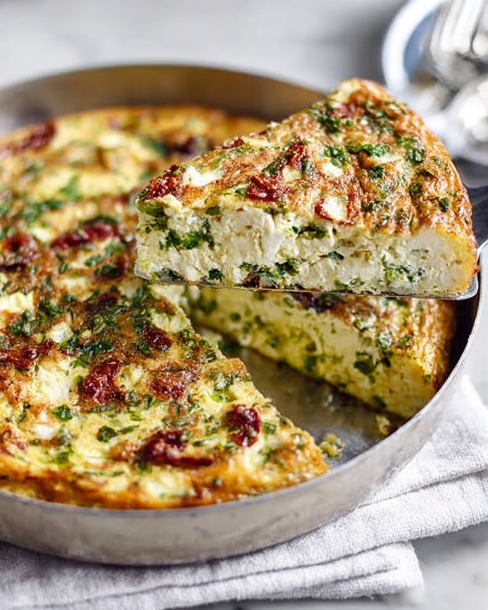 The image shows a round baked frittata in a silver pan, set on a white marbled surface with a white cloth underneath. The frittata has one slice lifted with a silver spatula, revealing a thick, soft, and creamy inside full of green herbs, small pieces of white cheese, and bits of dried red tomatoes. The top layer is golden brown and slightly crispy with green specks scattered all over. The frittata looks fluffy and well-cooked, with uneven but inviting textures on top and inside. Photo taken with an iphone --ar 4:5 --v 7