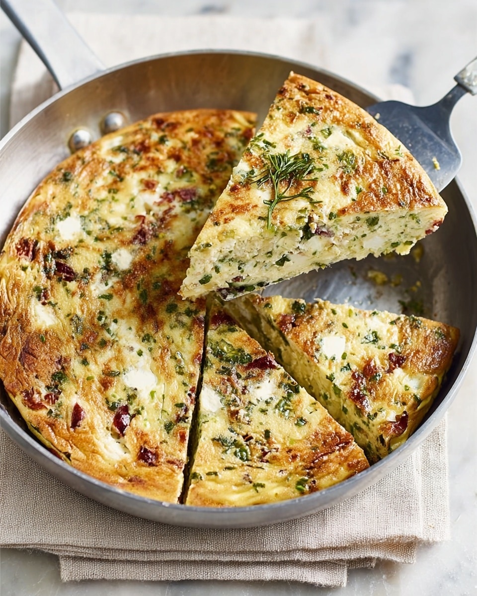 The image shows a metal pan filled with a thick, golden-brown baked dish. It is cut into slices, with one triangular slice being lifted by a metal spatula. The dish has a textured surface with visible specks of green herbs, chunks of white cheese, and small dark red pieces throughout the creamy, slightly yellow base. The pan is placed on a light beige cloth, all set on a white marbled texture. Photo taken with an iphone --ar 4:5 --v 7