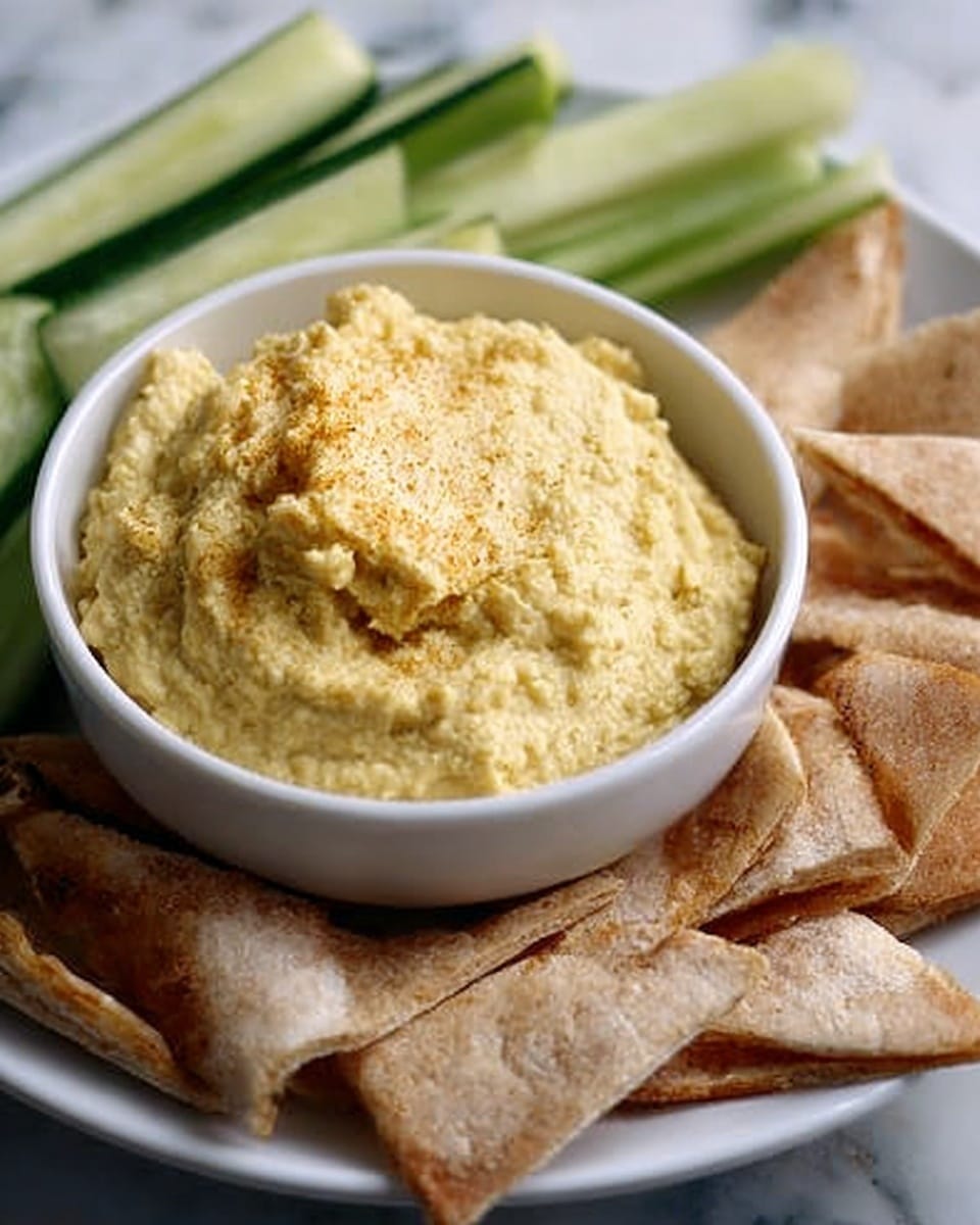 A close-up image shows a white bowl filled with creamy, pale yellow hummus with a slightly rough texture on top. Around the bowl on a white plate are light brown pita chips, some broken into pieces, and fresh cucumber sticks with a bright green skin and pale green inside. The plate sits on a white marbled surface. The photo taken with an iphone --ar 4:5 --v 7