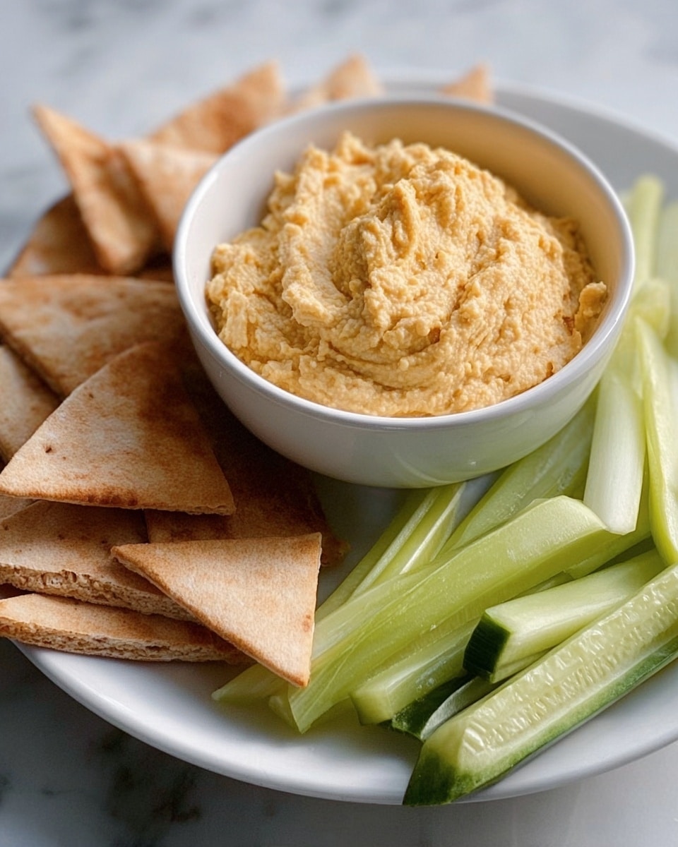 The image shows a white bowl filled with light beige hummus that has a soft and slightly chunky texture. Around the bowl on a white plate, there are several pieces of pita bread chips that are light golden brown and crispy, placed on the left side of the hummus. On the right side, there are fresh cucumber sticks and celery sticks, both bright green with a fresh, crunchy look. The plate is on a white marbled surface. photo taken with an iphone --ar 4:5 --v 7
