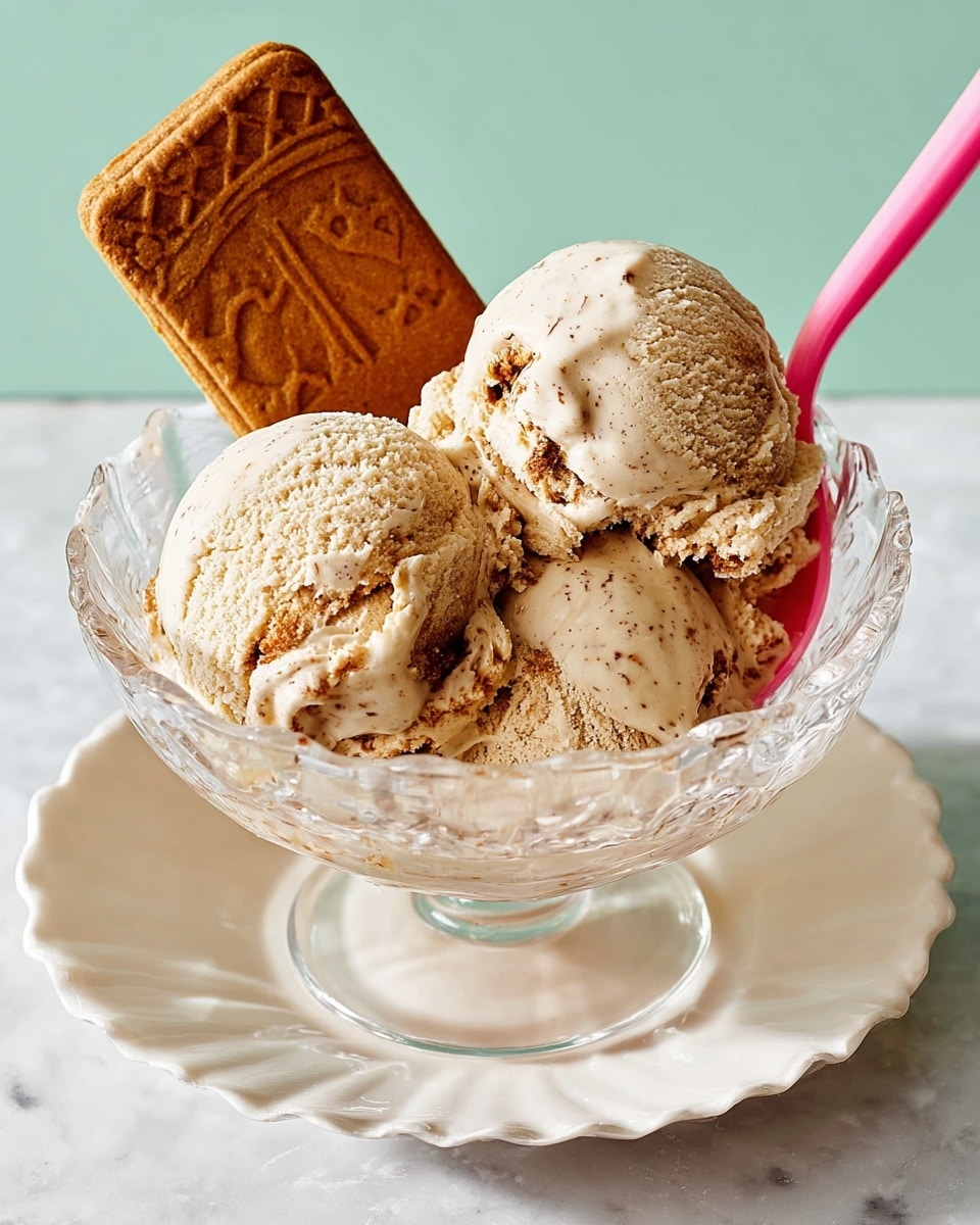 A clear glass bowl holds three scoops of light brown ice cream with visible specks and swirls of darker brown, showing a creamy and slightly textured surface. A rectangular brown cookie with imprinted patterns is inserted upright in the left side of the bowl. A pink spoon is placed on the right side, partially inserted into the ice cream. The glass bowl sits on a white plate with a scalloped edge, all set on a smooth white marbled texture background. Photo taken with an iphone --ar 4:5 --v 7