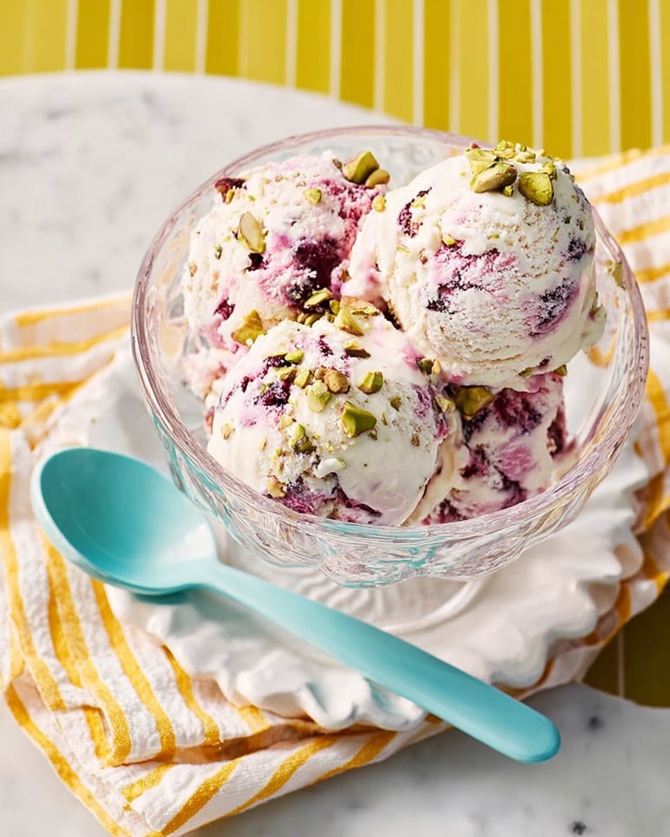 A clear glass bowl holds three scoops of creamy ice cream that is mostly white with bright pink and purple swirls throughout. The ice cream is sprinkled with some chopped green nuts, likely pistachios, adding texture and color contrast. The glass bowl sits on a white plate with a scalloped edge. Next to the plate is a light blue spoon, and under them is a yellow cloth with white stripes, all placed on a white marbled surface. photo taken with an iphone --ar 4:5 --v 7