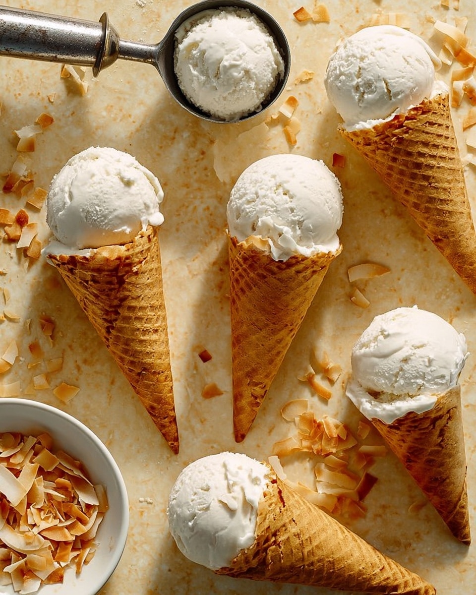The image shows five waffle cones filled with smooth white ice cream, arranged on a scratched beige surface. Each cone has a textured golden-brown color with a crisp waffle pattern. Three cones stand upright while two lie on their sides, showing the round shape of the ice cream scoops that peep over the rim. A metal ice cream scooper, holding a single scoop of the same white ice cream, rests diagonally near the top left. Near the bottom right, a small white bowl is filled with light brown toasted coconut flakes, and some flakes scatter around it on the surface. The overall scene looks bright and fresh. Photo taken with an iphone --ar 4:5 --v 7