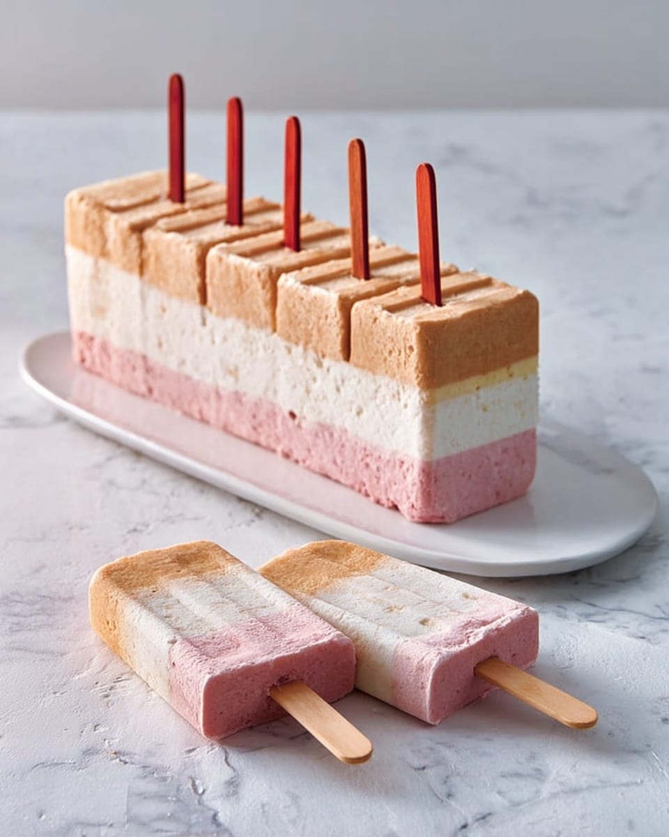 The image shows a rectangular white plate on a white marbled surface with a layered popsicle block. The block has three layers: the bottom layer is pink and slightly textured, the middle layer is smooth and white, and the top layer is light brown with a creamy texture. Wooden sticks are inserted vertically into the top surface of the block, in two rows creating a neat line of sticks with red and natural wood hues. Two individual popsicles are placed in front of the block, each showing the same three layers clearly from the side, with wooden sticks extending outward. Photo taken with an iphone --ar 4:5 --v 7