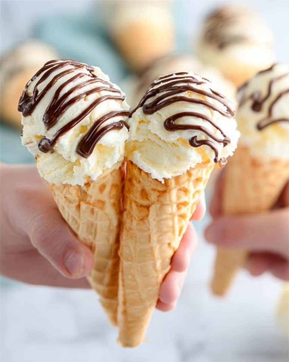 The image shows a close-up of two ice cream cones held by a woman's hand, with more cones blurred in the background held by another woman's hand. Each cone has a single scoop of creamy white ice cream topped with light brown chocolate syrup drizzled in curved lines. The cones are light golden with a waffle pattern, and the entire scene is set against a soft, white marbled surface. photo taken with an iphone --ar 4:5 --v 7