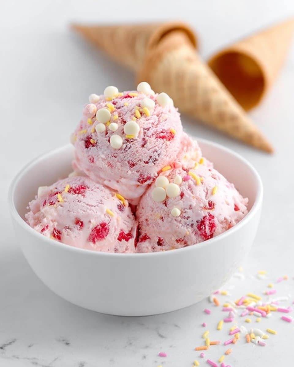 The image shows a white bowl filled with three scoops of pink ice cream that have visible red fruit bits inside. The ice cream scoops are topped with small white chocolate chips and colorful sprinkles, mainly in yellow and pink shades. Next to the bowl, two empty ice cream cones lay on a white marbled surface, slightly blurred in the background. The overall look is bright, fresh, and inviting. photo taken with an iphone --ar 4:5 --v 7