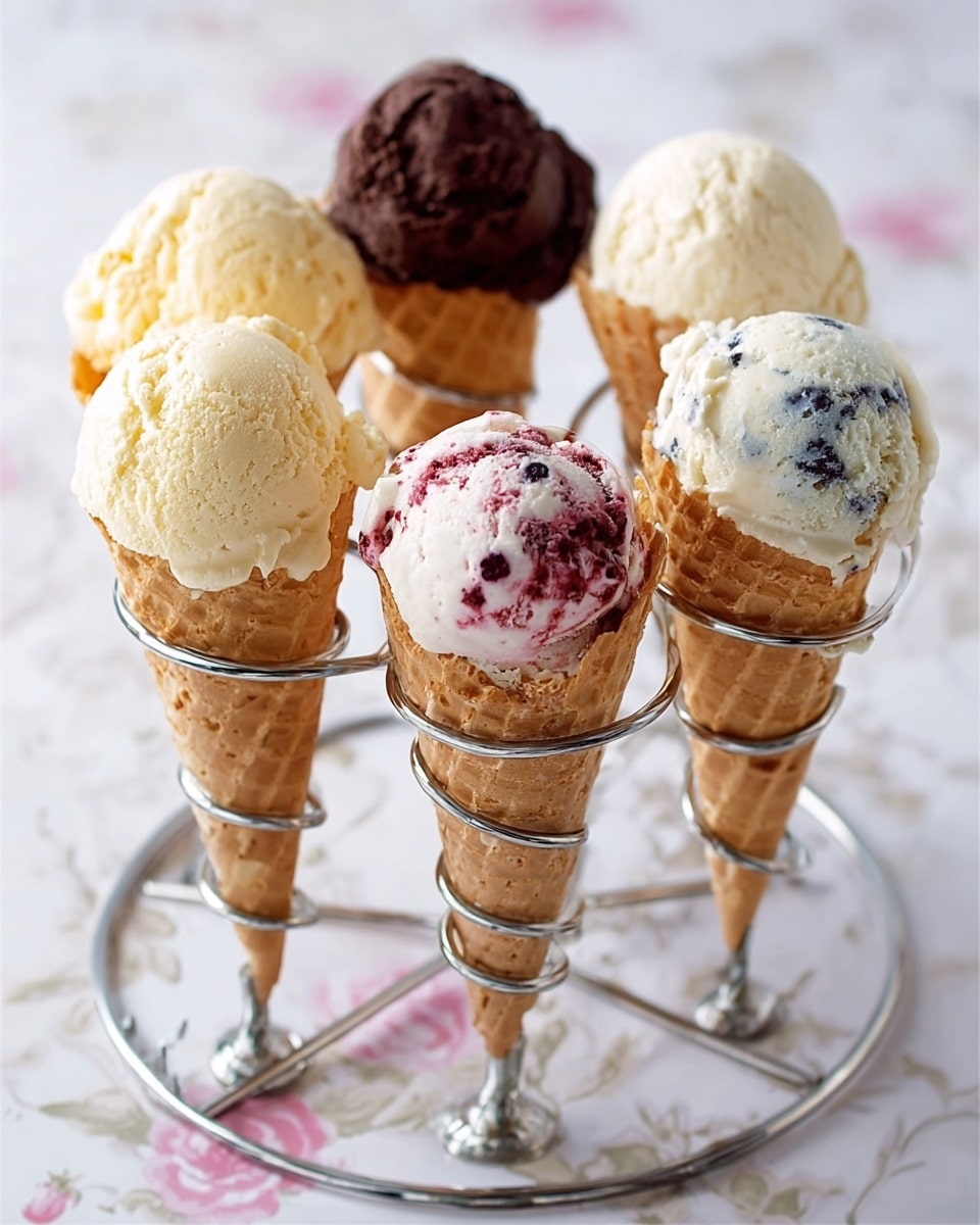 Six ice cream cones are held upright on a silver metal stand with spiral holders, arranged in a circle. Each cone has one scoop of ice cream on top. The cones are light golden brown with a waffle texture. The ice cream scoops vary in color and texture: two are creamy white, one is pale yellow, one is dark chocolate brown, one is white with red berry swirls, and one is mostly white with blue and some brown spots. The background and surface are white with a light pink floral pattern on a white marbled texture. Photo taken with an iphone --ar 4:5 --v 7