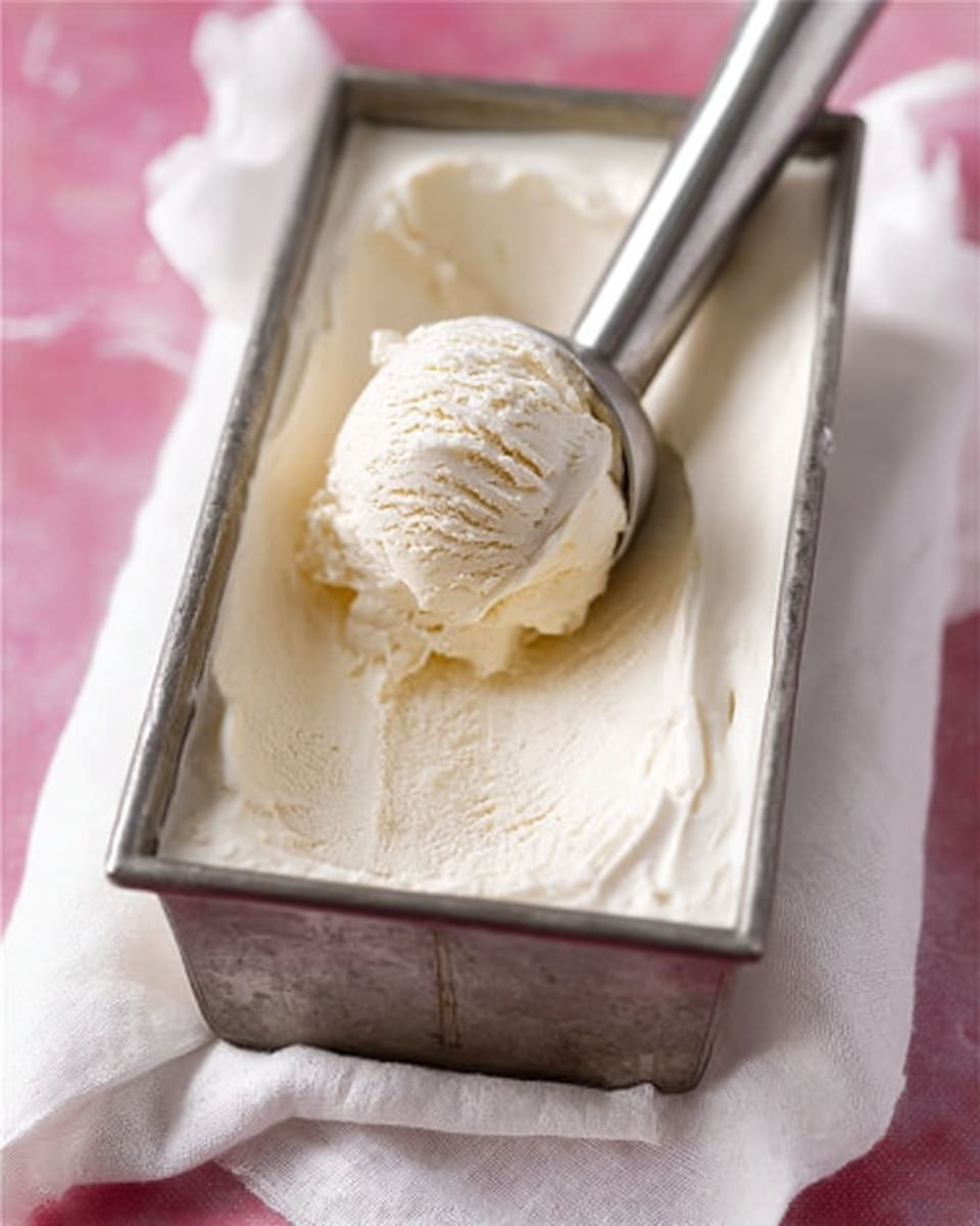 A metal rectangular container filled with smooth, creamy vanilla ice cream is placed on a white folded cloth, resting on a white marbled surface. A scoop of ice cream is being lifted by a metal ice cream scoop, showing the soft texture of the ice cream inside. The background is softly blurred and pink, making the white ice cream stand out clearly. photo taken with an iphone --ar 4:5 --v 7