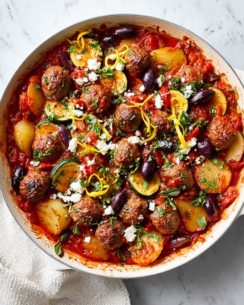 A round white pan filled with a colorful stew made of many layers: the base layer is a thick, red tomato sauce with visible chunks of tomatoes and herbs. On top, there are many round, browned meatballs spaced evenly, surrounded by slices of cooked zucchini and potatoes with a golden brown color. Dark purple olives are scattered throughout, adding depth to the dish. Bright green chopped herbs and small white cheese crumbles are sprinkled on top, along with thin yellow lemon zest curls, creating a fresh contrast. The pan sits on a white marbled surface with a white cloth nearby. Photo taken with an iphone --ar 4:5 --v 7