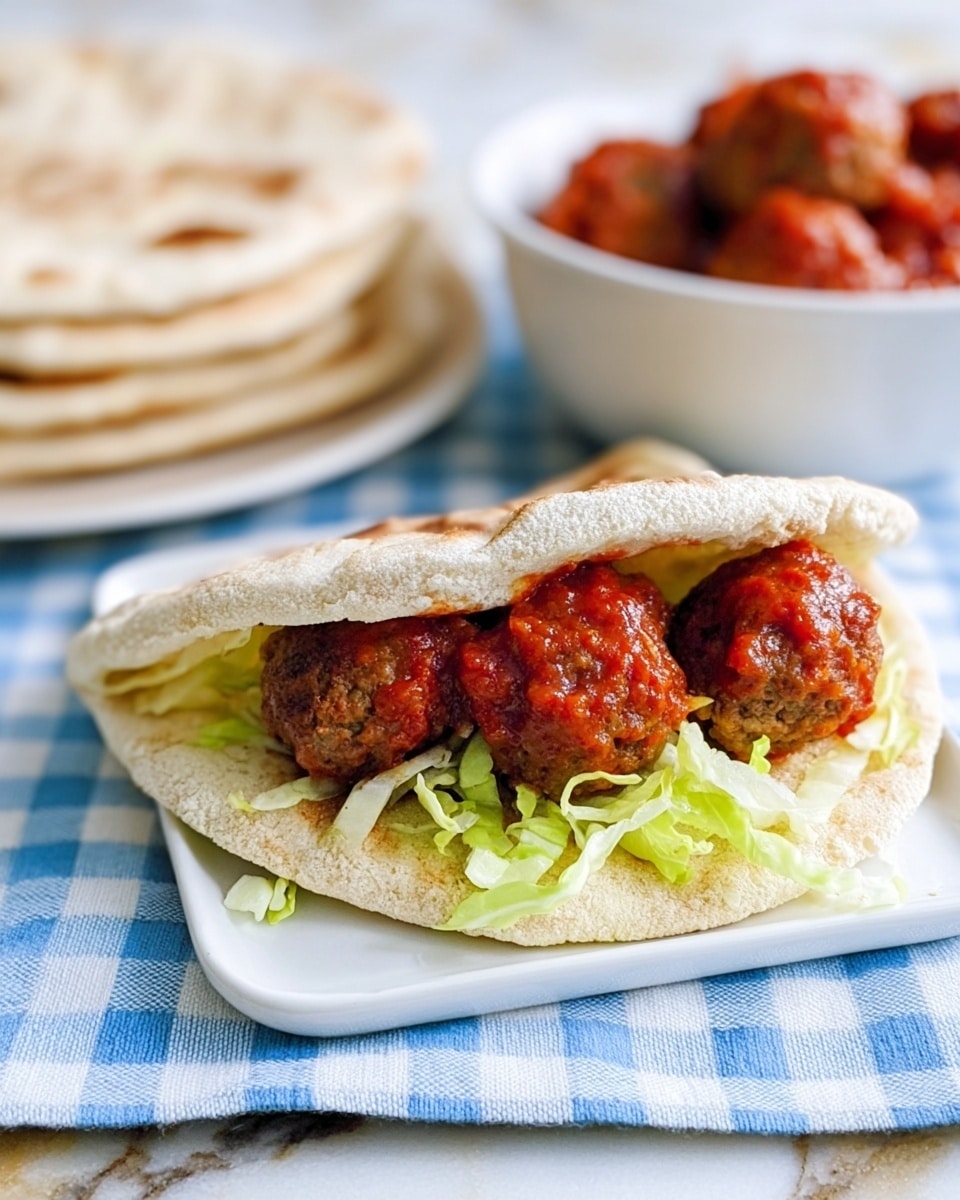 The image shows a white square plate on a white marbled surface with a blue and white checkered cloth underneath. On the plate, there is a pita bread sandwich filled with three brown meatballs coated in red tomato sauce, layered on a bed of shredded green lettuce. Behind the sandwich, there is a stack of four plain pita breads, and in the background, a white bowl filled with more meatballs in tomato sauce is slightly blurred. The colors are warm with a mix of red, green, and beige tones, and the textures contrast between the soft pita bread, saucy meatballs, and crisp lettuce. Photo taken with an iphone --ar 4:5 --v 7